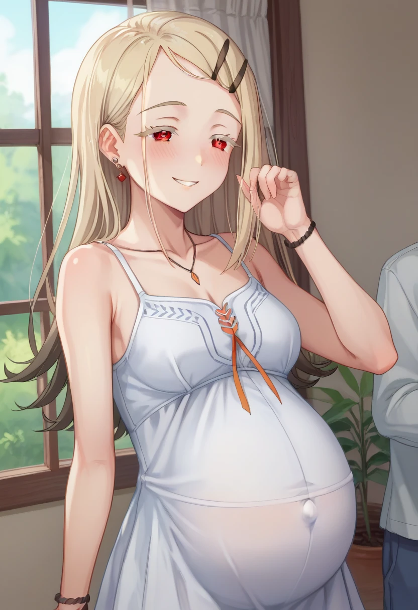 Hiro Default,shinosawa hiro,thin,Orange eyes,White eyelashes,Blonde,Long Hair,Hair Clip、blush、The whole body is visible、pregnancy、Pregnant women:1.5、Slim:1.5、White camisole dress、Half-closed eyes、Are standing