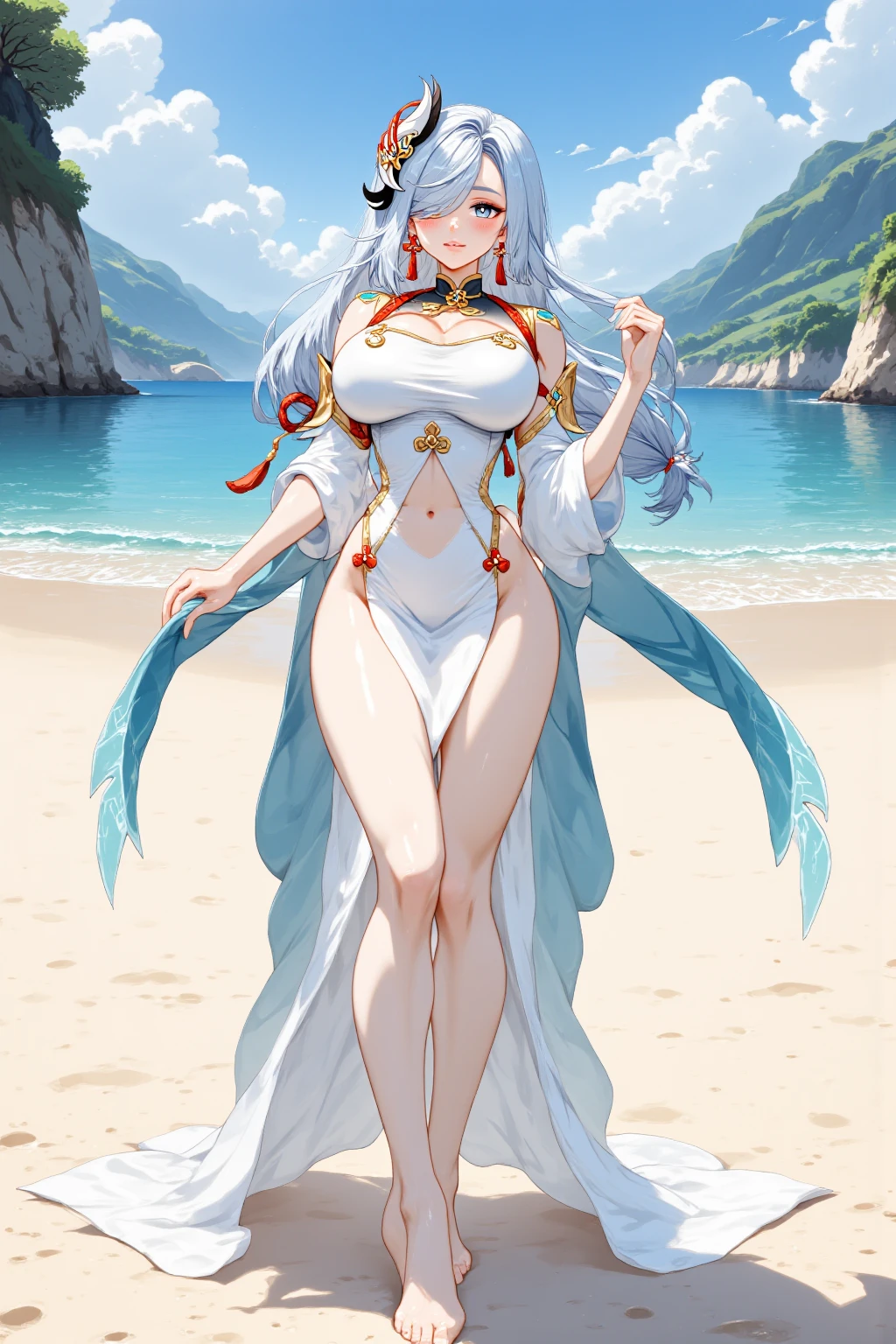 1个Giant Breast Girl, ((A MILF)), ((Dark skin)), White hair, the bride, Bridal outfit, ((tropical setting)), ((hair adornments)), ((Neck decoration)), ((((Extra large batonx))))