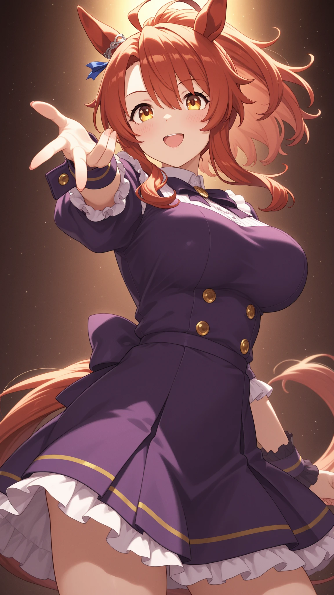 ,1 personの女の子,smile, View your viewers,masterpiece,Highest quality,masterpiece, Highest quality, 1 person,( Are standing, View your audience,),Detailed Background、A person who writes in detail、Accurate human body、Knowledgeable person、Accurate 5 fingers,Cruby Body,((Large Breasts)),orfevre \(umamusume\),black short skirt
