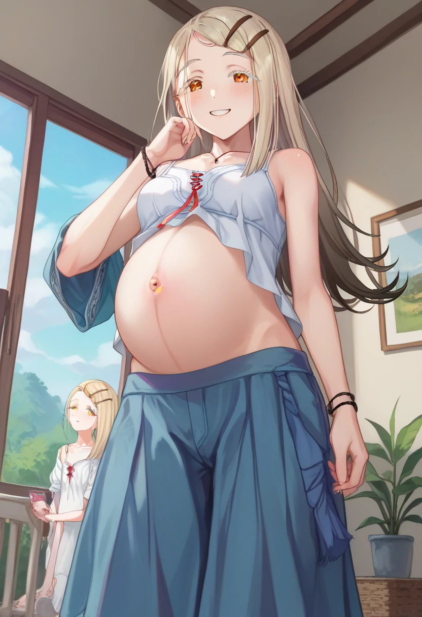 Hiro Default,shinosawa hiro,thin,Orange eyes,White eyelashes,blonde,Long Hair,Hair Clip、blush、The whole body is visible、Pregnant women、White Micro Bikini、slim:1.5、Standing back、Ohogao, teary-eyed, drool, half-closed eyes, trembling, rolling eyes、
frown, angry、open mouth、
tongue out、