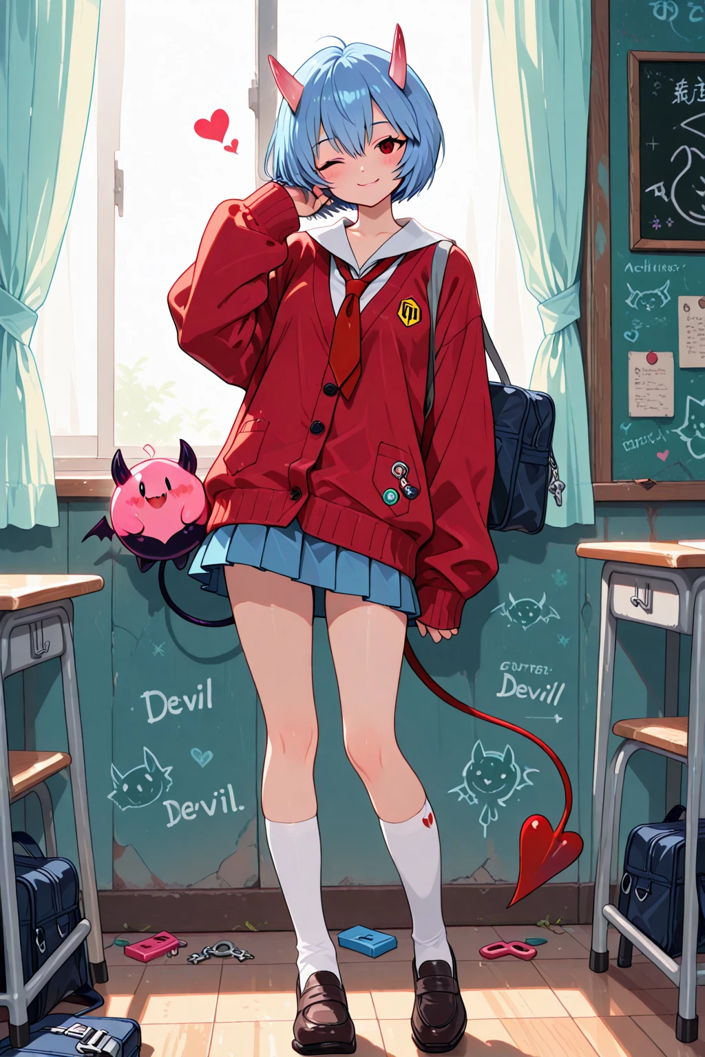 Digital illustration in a cinematic, stylized anime-inspired style featuring a highly detailed, anatomically correct female character with long, straight, light pink hair and red eyes. She has light skin and is depicted with red horns protruding from her head. The character is wearing a intricately designed white dress shirt, a black tie, and black shorts, with a blue jacket draped over her shoulders. The background is a swirling mix of prominent blue and gray tones, filled with detailed, swirling patterns and blue highlights that complement the character's intense appearance. Above the character, a stylized logo resembling an eye with text above it is placed in the upper central area. In the bottom left corner, the text 'Artvision1999' is written in a graffiti-like font. The character's expression is slightly aggressive, with her mouth open showing sharp teeth, with a focus on realistic facial anatomy. The overall composition is centered, with the character sitting on the ground, legs spread apart, with a dramatic lighting effect enhancing the cinematic atmosphere, rendered in high-resolution 4K