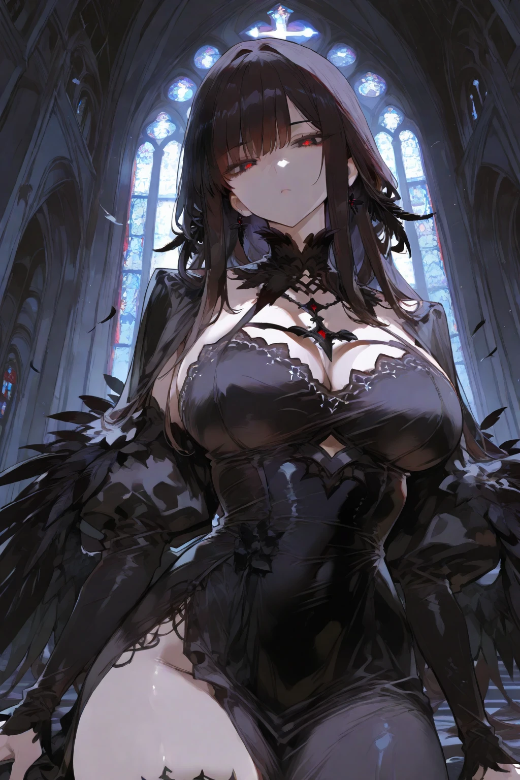 nfsw, busty goth girl in a black dress with cleavage posing in a dark cathedral, full-body ,ultrarealistisch, analog, 8k, green eyes, big breast, lingerie, red eyes