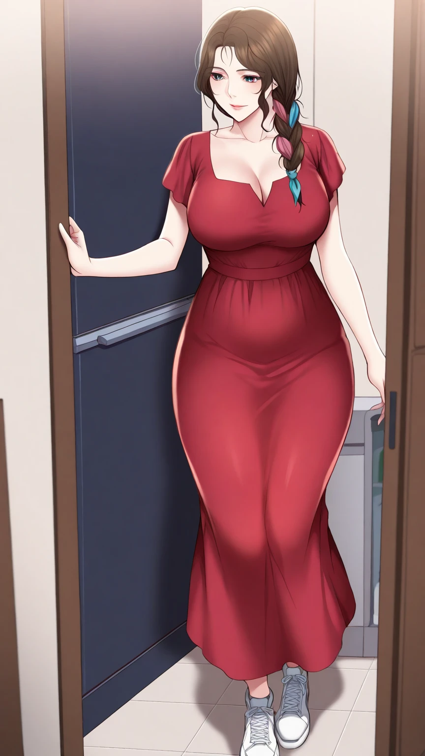 Full body, bedroom, looking at viewer, Short bob haircut, Windswept Messy Bob purple Hair, eyeliner, (red dress), (red lipstick), (light blue pearl necklace), cleavage, milf, mature