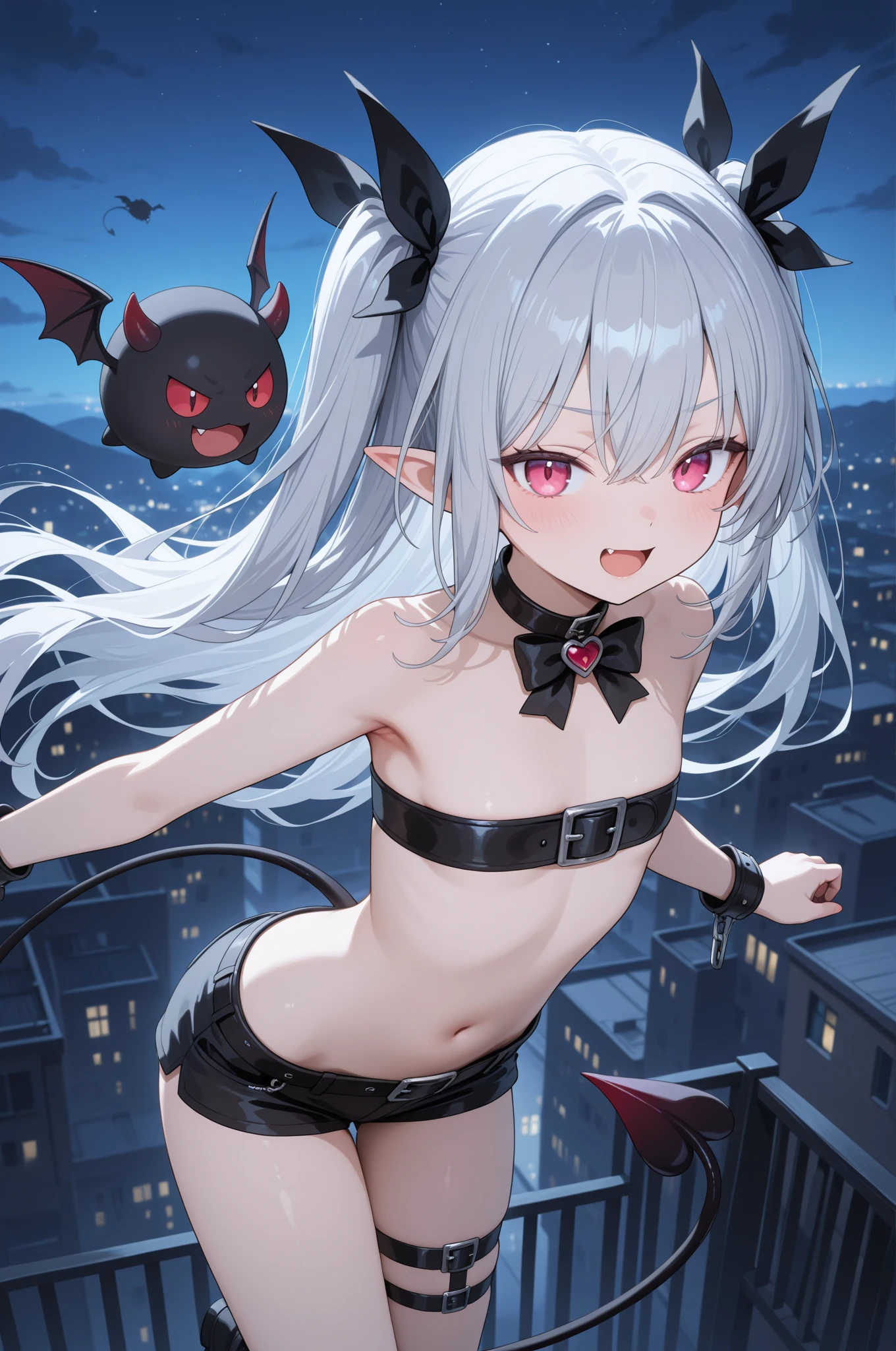 8K, femboy, petit, adult. kawaii vampire, crimson hair, short hair, red eyes, fang, bat wings, smile, (blush), (shy), pointed ears, looking at viewer, dynamic angle, wind, game cg, fantastic scenery, devil tail, demon tail, thin tail, black horns, medium breast, show full body, bulge, show ass, tentacles, bulge in panties, ass, futanari, swimsuit, hot springs, yokai