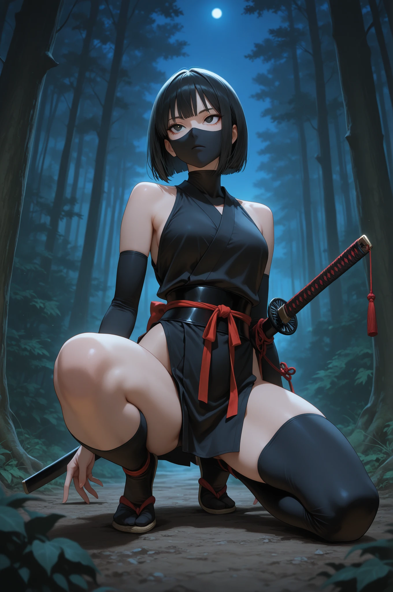 masterpiece, extra limbs,(1 child),10years old,(black shaggy cut), slant eyes, blank navy eyes, (flat chest small nipples small areolas),pale white skin athlete skinny body,sullen,on one knee,(((clothed ninja:1.3))),(have a katana),((alley,midnight,fog)),full body
