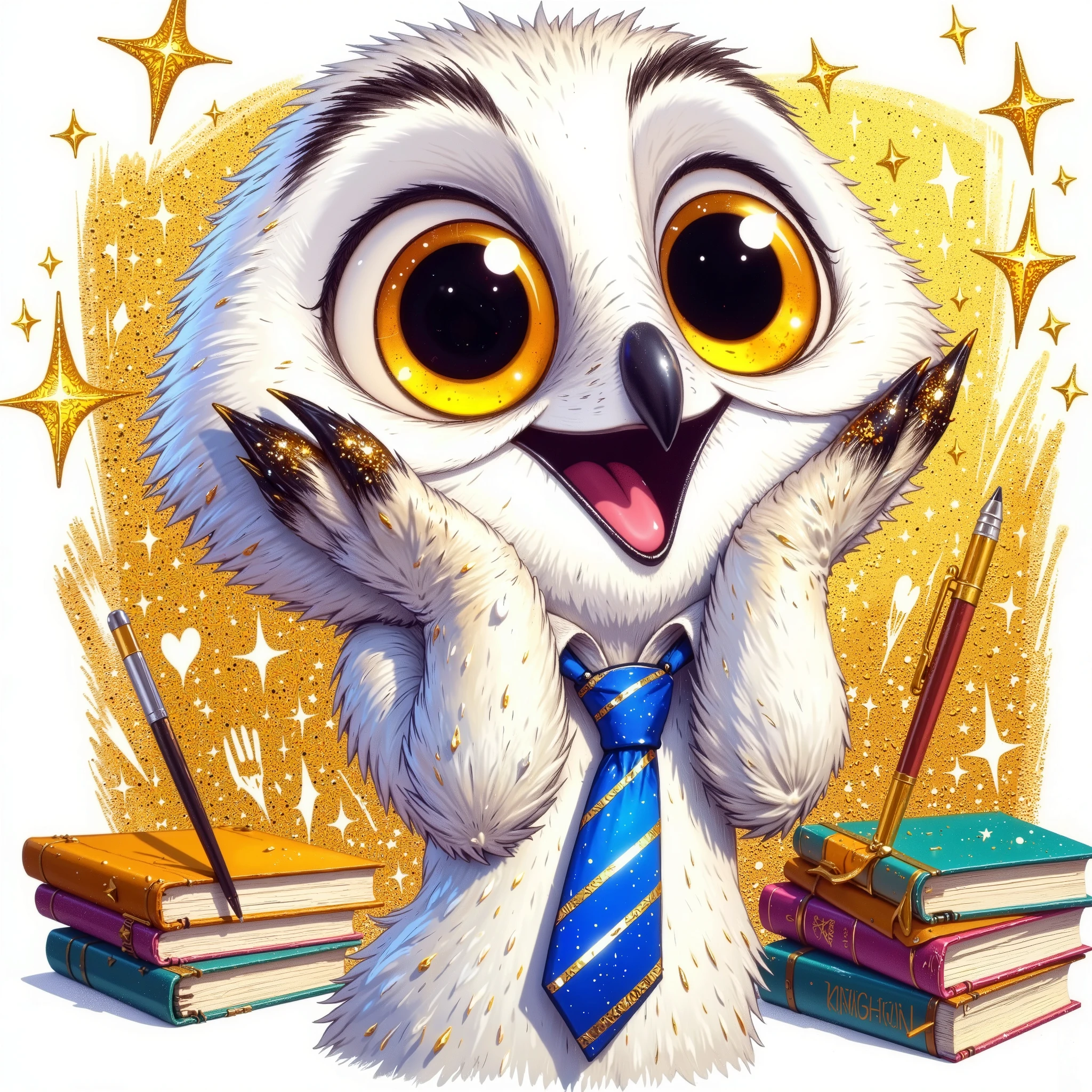 (extremally detailed hi-rez: 1.5) a quirky crazy happy expressive emotions by pixarand Zootopia,glossing vibrant vivid, color-metallicgoldlines-inkblacklines, watercolor with clear contours, single very cute flirtous 15years Hedwig white polar owlteenager cool teenager with schoolbooks, school glitterclothes, isolated clipart on white background, glossing gold details,highfashion pose,whole-body,Zootopia,whole-body full-body clipart,GREGRUTKOWSKII STYLE