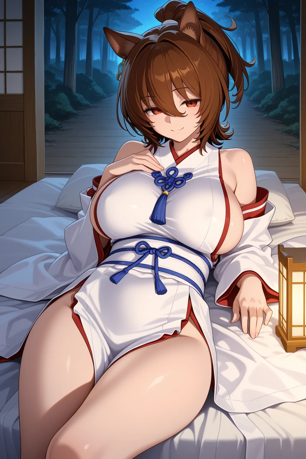 Brown-haired girl Her shoulder-length hair is tied back Wearing a beautiful kimono White underwear White skin tall With bangs Beautiful face Thin legs Large Breasts The cleavage is visible sitting on the bed With legs apart Thin legs Shy Anime Style