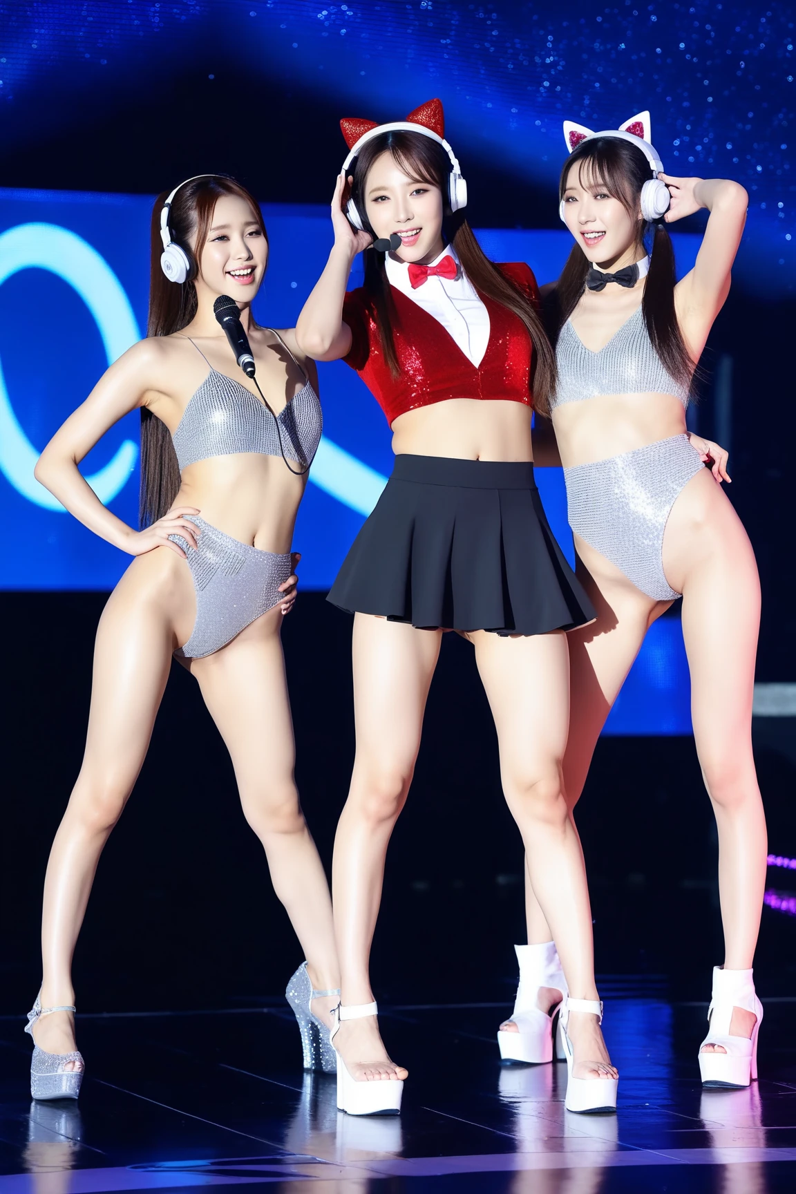 ((Full body photo)),full shot,National Beauty Contest,Three 13-year-old fair-skinned Japanese beautiful girls on stage,clothes lift by myself,showing panties,white see-through nightgown,White high heels,White undercoat,Everyone looks troubled,looking at another,from quite below,best quality,ultra-detailed,high resolution,All baby faces,beautiful white skin,white wallpaper room
