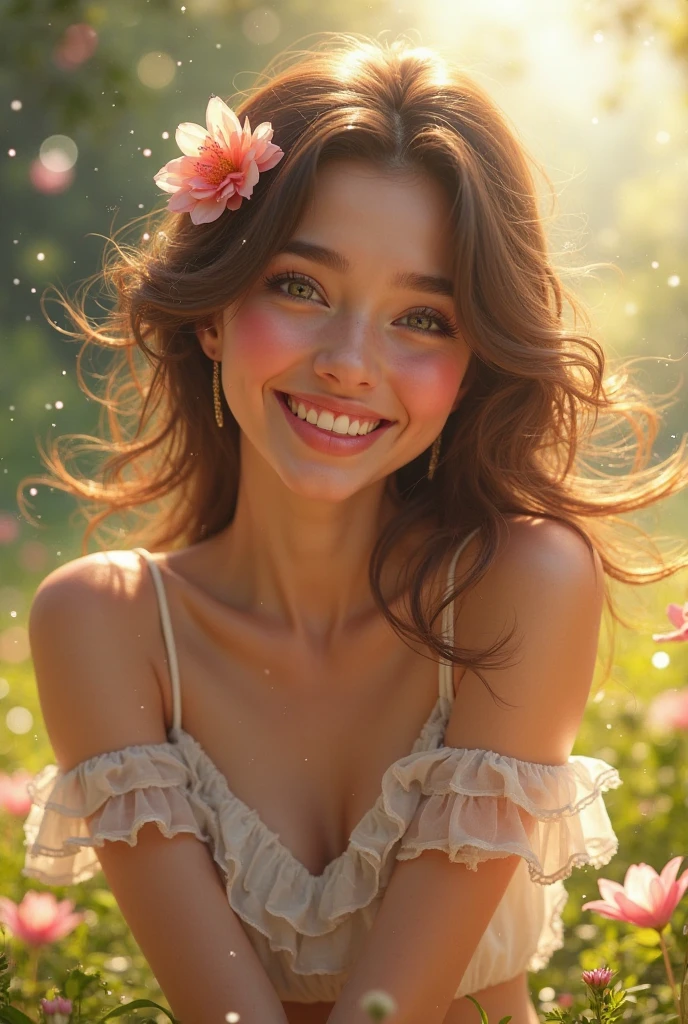 with long curly brown hair, hazel eyes, medium fair skin, round mouth, com um vestido rosa, sitting under a flowering tree, PAINTING A PICTURE, Round face, medium breasts, staring overhead, rounder cheeks with very few freckles, well defined curls in the wind