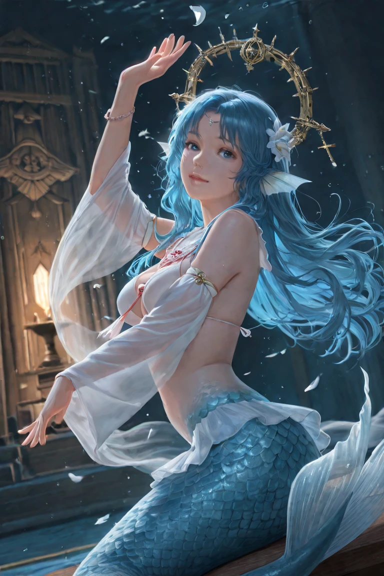 flat chests, nsfw, masterpiece, 1 girl, erect nipples, intricately detailed, topless, navel, bare shoulders, necklace, blue hair, embarrassed, loincloth, rock, gold trimmings, gold circlet, extremely detailed, photorealistic, octane render, 8 k, unreal engine, bare breasts, puffy nipples, closed eyes, carrying staff, blue gemstone, fantasy, enchanted, trident, magical, mage, bare stomach, sweaty, moist breath, child, arm strap, 1 side braid, atlantis, gold crown, underwater, swimming, gold arm strap, fish, corals, full body