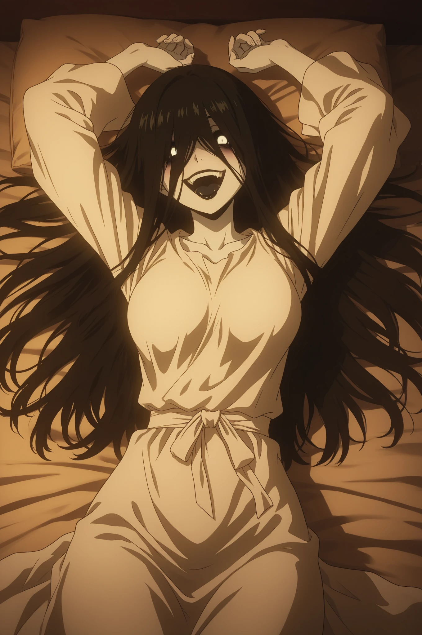 highly detailed, 1girl, long hair, upper body, white dress,tongue, bedroom, zombie, dead skin, open mouth, arms behind back,