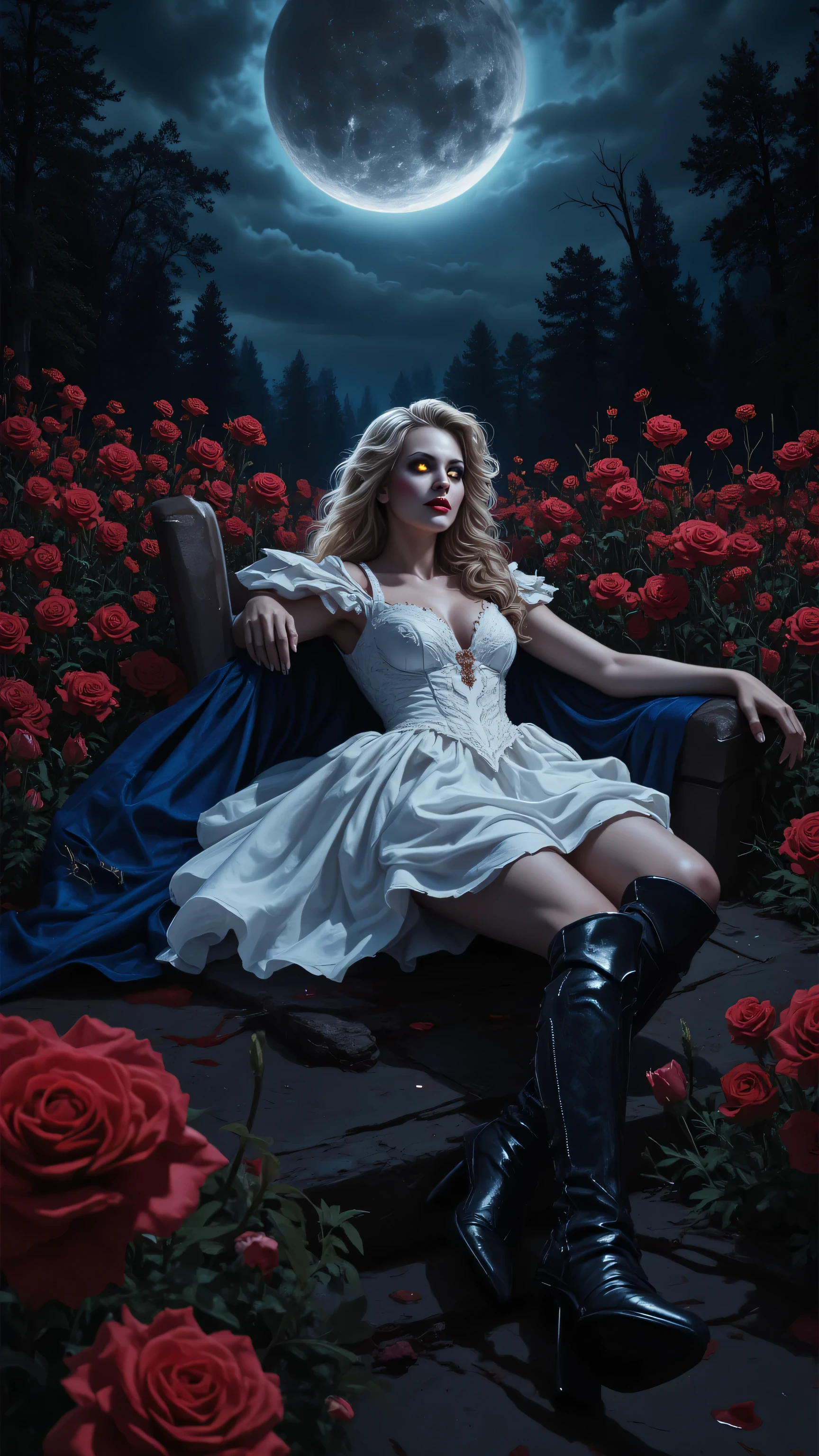 picture of a vampire woman resting in a black and red colored meadow, full body, an exquisite beautiful female vampire woman, ultra detailed face, ultra feminine, pale skin, blond hair, wavy hair, glowing eyes, cold eyes, intense eyes, dark red lips, fangs, wearing white dress, elegant style dress, wearing blue cloak, long cloak, flowing cloak, wearing high heeled boots, resting in black and red colored meadow, flowers dripping blood, full colored, (perfect spectrum, vibrant work, vibrant shades of red, and black moon rising, moon light, its night time, high details, fantasy art, RPG art best quality, 16k, [ultra detailed], masterpiece, best quality, (ultra detailed), full body, ultra wide shot, photorealistic