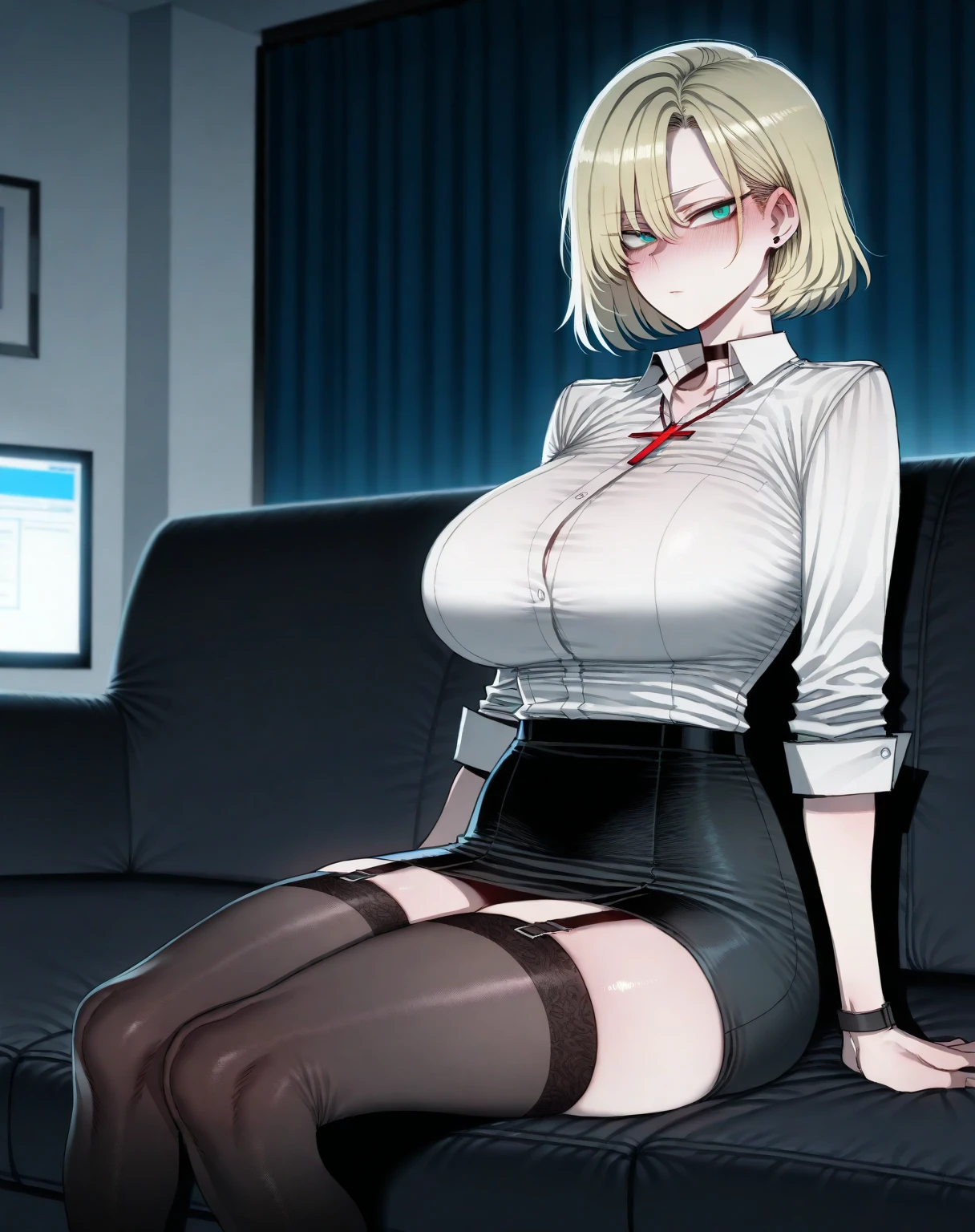 High resolution, 2D anime style,blue eyes beautiful eyes,high and beautiful nose,Skinny face,boyish blonde short hair,Short up-hair,cool woman,beautiful clock,Chest is slightly larger,she looks very smiling,biting one&#39;s lips, she was very angry, she narrows her eyes,Fashion that shows cleavage, Wearing an unbuttoned white shirt,leather red pants,Wearing a long black coat, Formal fashion,wear a coat,Sitting in an office chair,company office