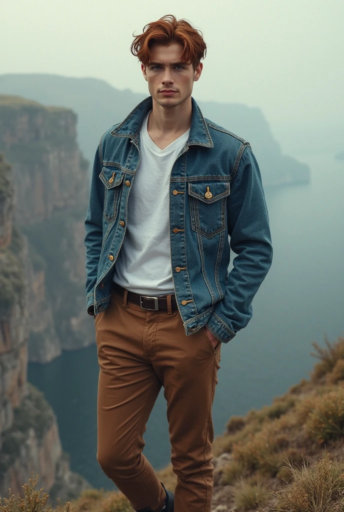 Janis Ancens, preppy haircut, naked, posing on the mountain, wearing pant