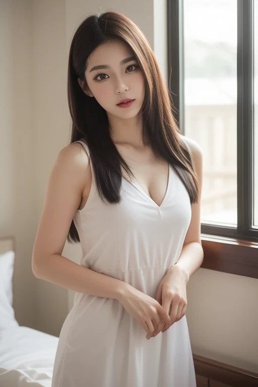 Create a close-up image of a beautiful Japanese woman with a seductive smile.。She is wearing a tight and elegant dress.、Cleavage、Thighs、It emphasizes the buttocks。Long hair、Flowing, shiny black hair。The background is softly blurred for a sophisticated look.、The warm lighting highlights her features.。The makeup is perfect、Particular emphasis is placed on the eyes and lips to bring out her charm.。Confident、She has a slightly mysterious look、Exudes elegance and charm。ドレスは彼女のCleavageをエレガントに見せ、Thighsやお尻の曲線を強調するようにしてください。