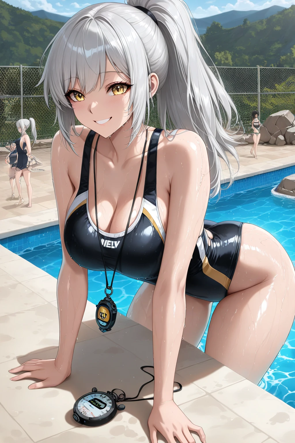 1girl, from behind, ass, one-piece swimsuit, white hair, long hair, large breasts, competition swimsuit, dark skin, dark-skinned female, yellow eyes, parted lips, pool