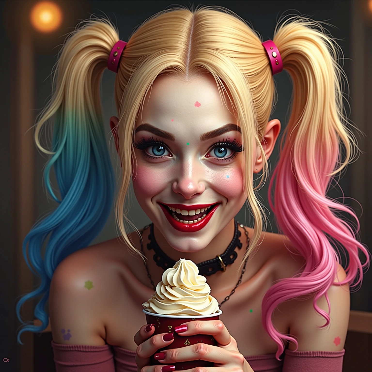 ((best qualityer)), ((work of art)), (detailded), 1 girl, shoulder to shoulder sweater, Make a character in a clown outfit, holding a purple candy cane, MAN