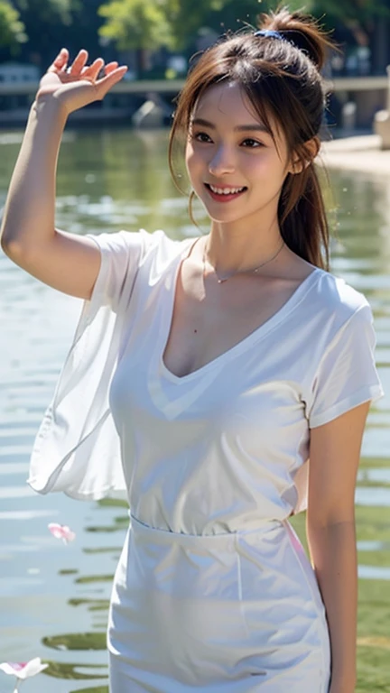 (Bonfire:1.3),Lakeside overnight campsite,Teepee,Girl sitting in front of Bonfire、Add firewood,(A white V-neck T-shirt with large pockets that accentuate the chest:1.3),(Ripped and tattered distressed jeans:1.3),(Shiny reddish brown short ponytail hair,,,,hairpin,necklace,)(Big, pointy lips,Red lipstick,Cute round face,A smile that makes people happy,blush,),(8K quality,Tabletop,,Ultra-high resolution output images,),Intricate details,(Highly detailed raw photos:1.3),(Picture Mode Ultra HD),(Ocean Art 2.0 Mode),