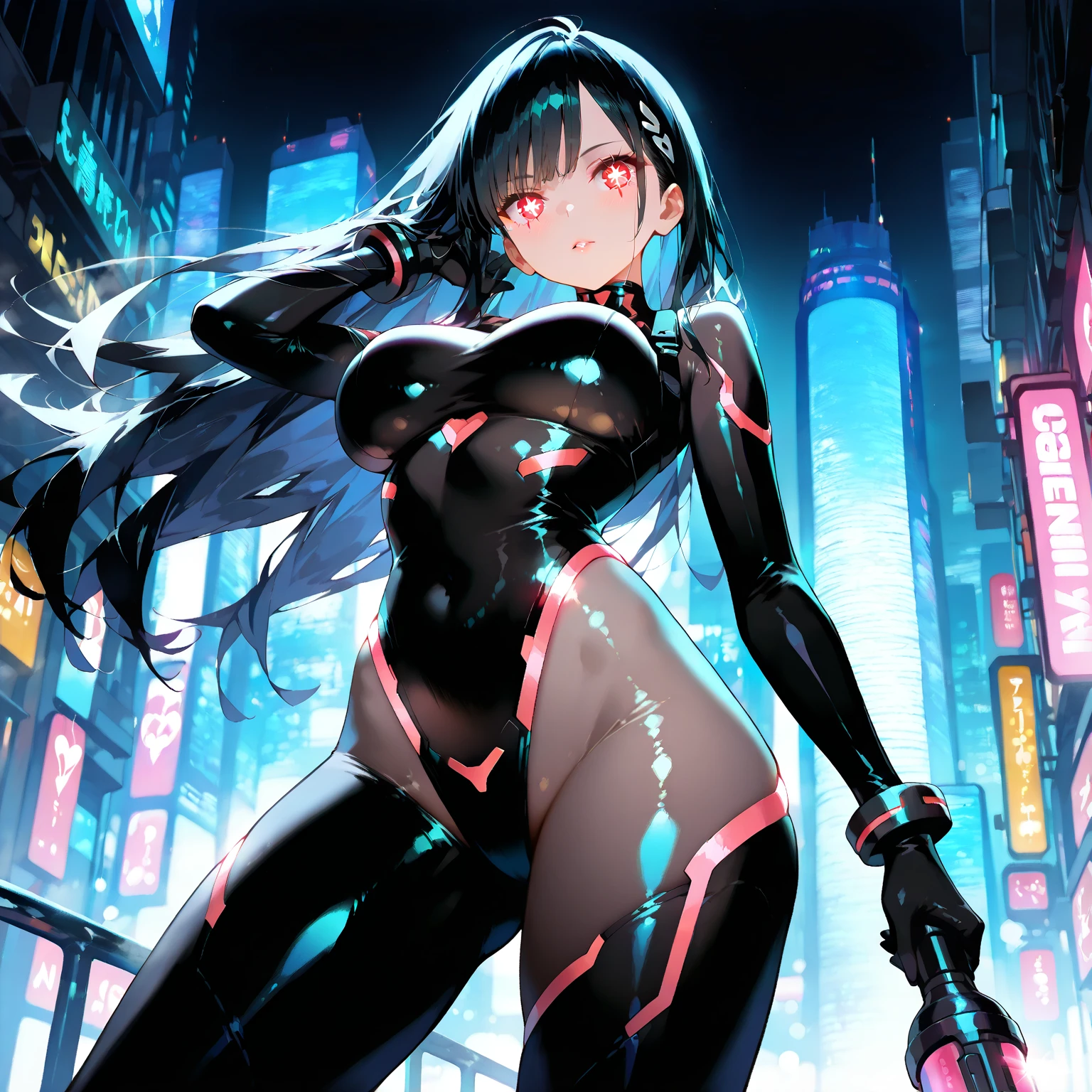 TV screen head robot girl high school sailor uniform big breasts Wire plug tail sci-fi city full-body shot