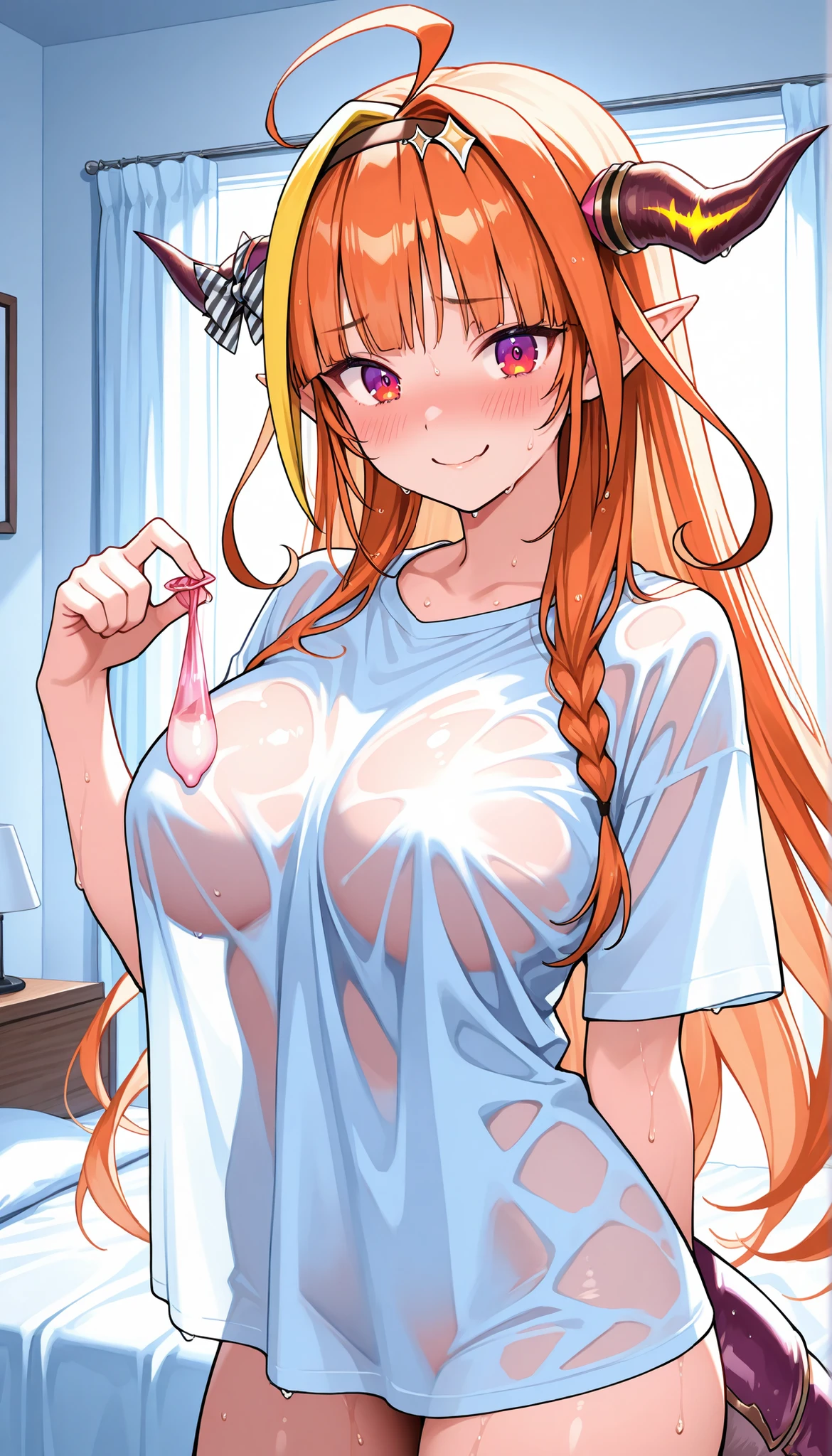 (Highest quality、masterpiece、Highest quality、Official Art、Best body、The best face)(pecorine, blue eyes, hair ornament, long hair, orange hair, tiara, braid, hair braid,Large Breasts)、score_9, score_8_up, score_7_up,source_アニメ、BREAK、((Being completely naked、Nipple piercing、The pussy is clearly visible、Wearing a collar、smile、You look feels good、Common sense modification、Public toilet、Peeing while standing at the toilet、peace sign、、Arms behind head、、 body is shaking))