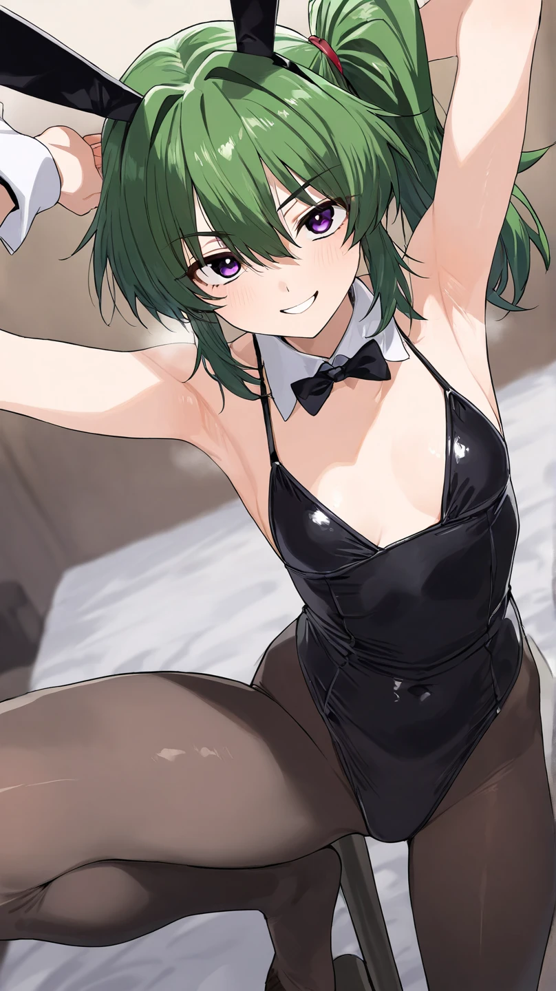 alone, One girl, Frightened、Flat Color,Green Hair,Split seat、ponytail、Nipples、suit、skirt、skirt,Big Breasts、Clitoris exposure、underwear、Crotch、Bare your chest、、Random sexy poses、2D, anime, anime coloring,masterpiece,highest quality,High resolution,Super detailed,Ajessica,Brown eyes,Long Hair,Twin tails,Earrings,Bunny ears,Playboy Bunny,casino,Holding Tray,Embarrassing,blush,Are standing,