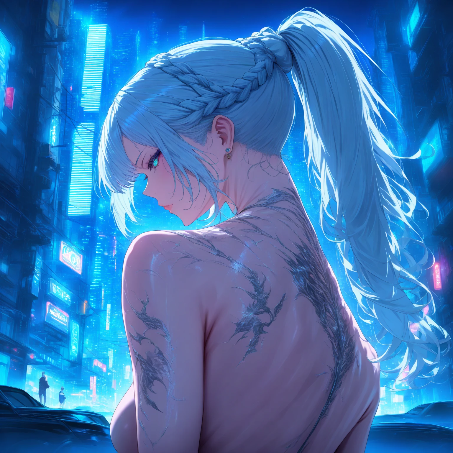 lightning strikes,Raby,fullmoon, destroyed city, female craters, defined body, tatoo.