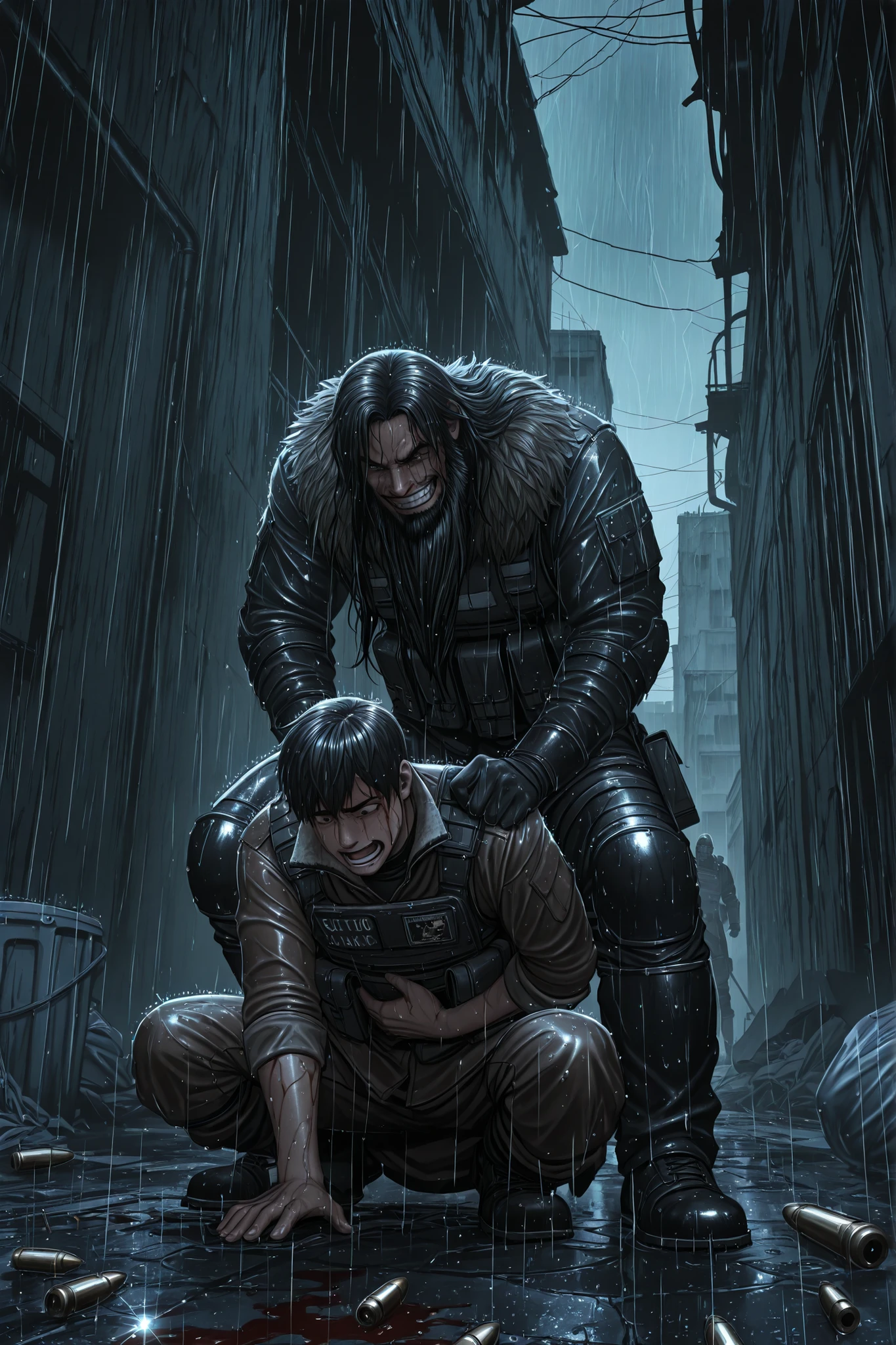 Gritty cinematic wartime scene in a rain-soaked alley of a ruined city. Two soldiers crouch behind a scorched, rusted dumpster during a chaotic nighttime shootout. The older soldier has a rugged Viking-like appearance—messy beard, long hair, a strong jawline, wearing tactical gear mixed with Norse elements like a fur-lined collar. He’s battered but composed, wiping black carbon residue off his teeth with a crooked grin, unfazed by the gunfire. Beside him, a younger soldier with a blood-stained face, wide eyes, and short cropped hair is laughing uncontrollably, clutching his stomach as rain pours down. Bullet shells glint on wet pavement, muzzle flashes from distant rifles light their faces in dramatic strobing bursts. Between them on the soaked, trash-strewn ground. The atmosphere is raw and tense, with thunder cracking the stormy sky above, cinematic lighting emphasizing their grim joy and exhaustion. Realistic, cinematic, gritty war art style, high detail, dramatic rain and lighting effects. anime style
