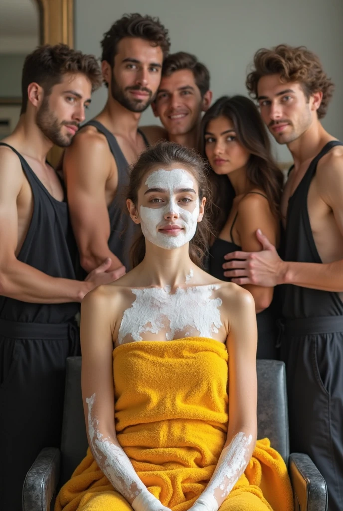Magnificent detail, 8K Photos, hyper- realism, professional light, realistic background, visual depth, wide angle lens, all-body, scene after sex between 3 people, lying in bed.
smiling woman with face smeared with white substance in living room, cream dripping on face, her face is coated in a whitish, wet face, her face is coated in a white, sweaty skin dripping down face, facial, face melting, her face flushing and sweat, her face muddy and sweat, big smile on her face, mud on face (1 hot blonde woman, small chest out, naturals, without bra, sexually satisfied woman, glad), (2 muscular black men, wearing a towel, marking their extra large penises, 23cm penis sexually satisfied), (gangbang) exhibitionism, BDSM, non-explicit sex, seduction, sensuous, luxuria, desire, fetish, Adult content, Sexual content, sedentary, insatiable, hotel bedroom, sex photo posted, Hotel Bed