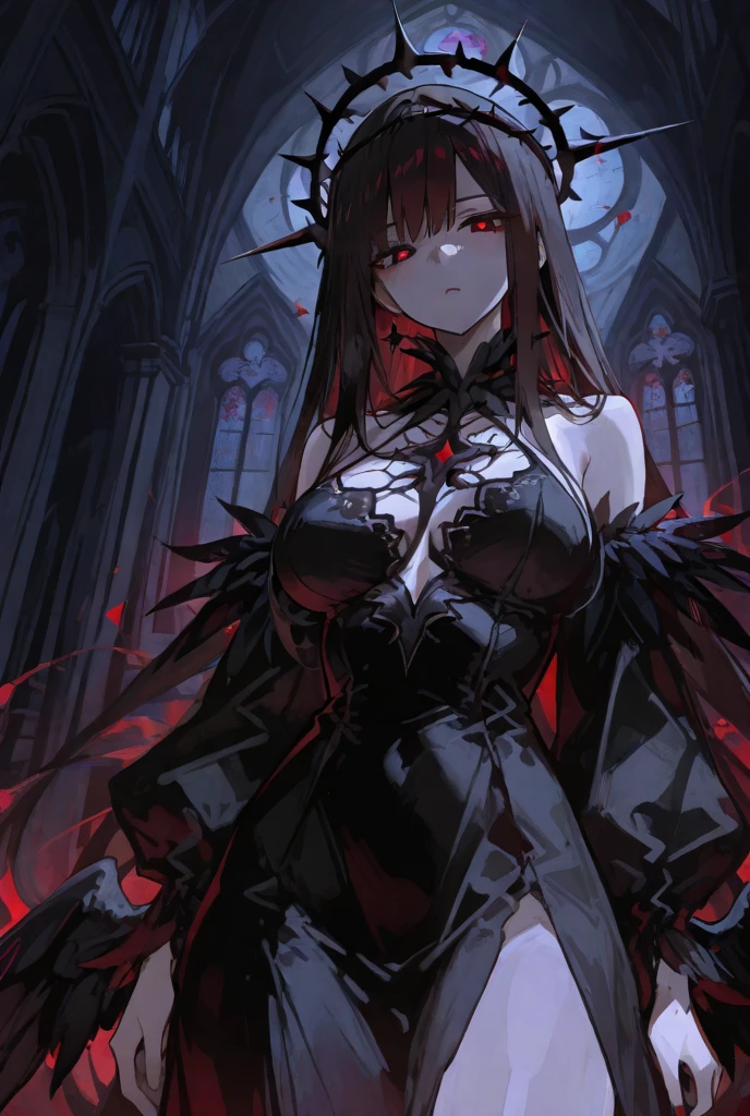 Queen,(Sexy women),Dark Abyss, Crown of thorns,((Broken clothes)),((Thorn rose)),Broken tombstones,Candle,Dark atmosphere,wasteland,only one person,night,Blood