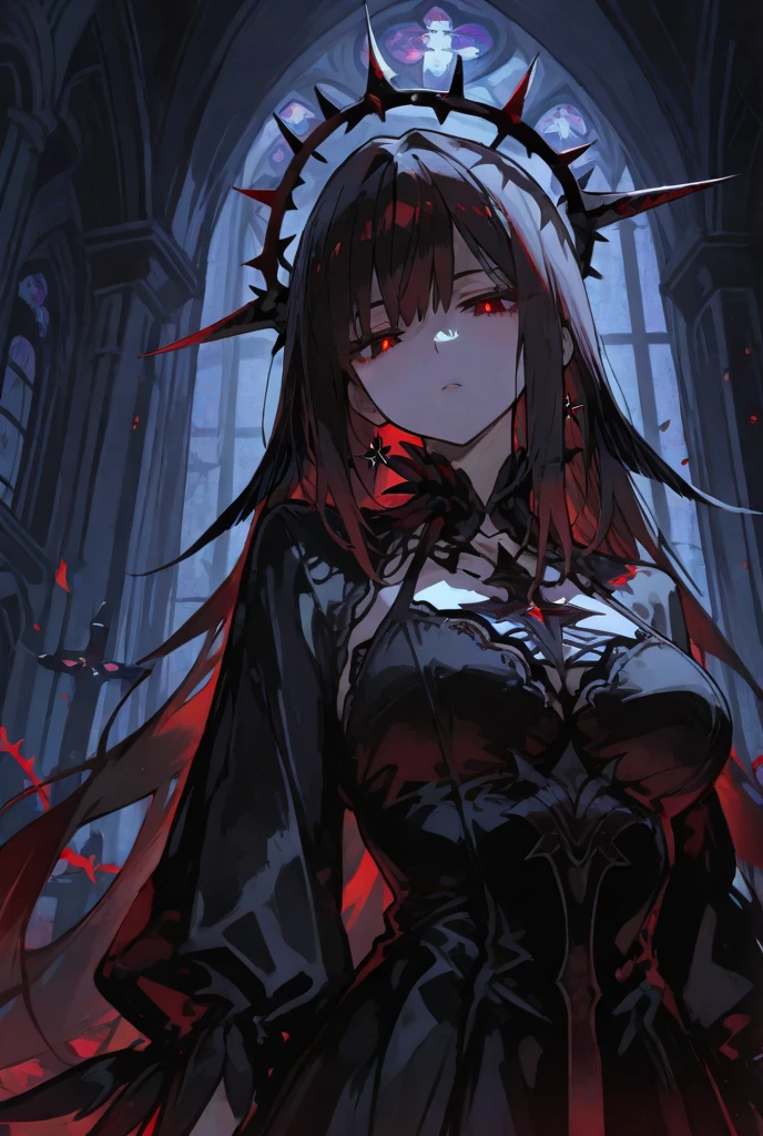 (high qualiy, high resolution, fine-details), black fantasy, Gothic medieval castle, a dark queen in a dark castle, red and black lace dress, standing alone, curvy adult women, Red hair, (eerie glowing red eyes:1.2), (detailedeyes:1.2), ssmile, sweat, greasy skin, dramatic lighting, dramatic shadows, temperamental atmosphere, cinematic, Shallow depth of field