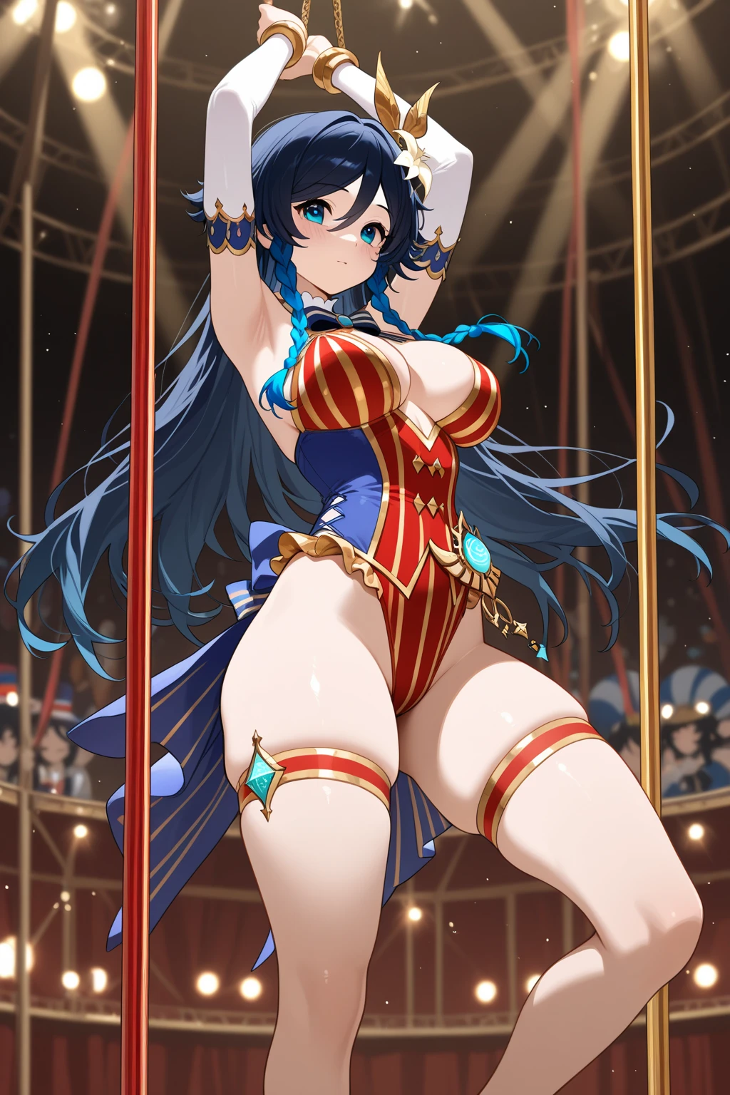Anime Moe Art Style,Highest quality,High resolution,Anatomically correct,One Girl,Mid-teens,Girl with light blue hair in a ponytail,Very detailed,Fantasy World,Big Breasts,Shiny skin,Beautiful Skin,A rich expression,A big smile,Circus,Stage Costumes,Knife throwing tricks,Detailed drawn eyes,hair ornaments,8K