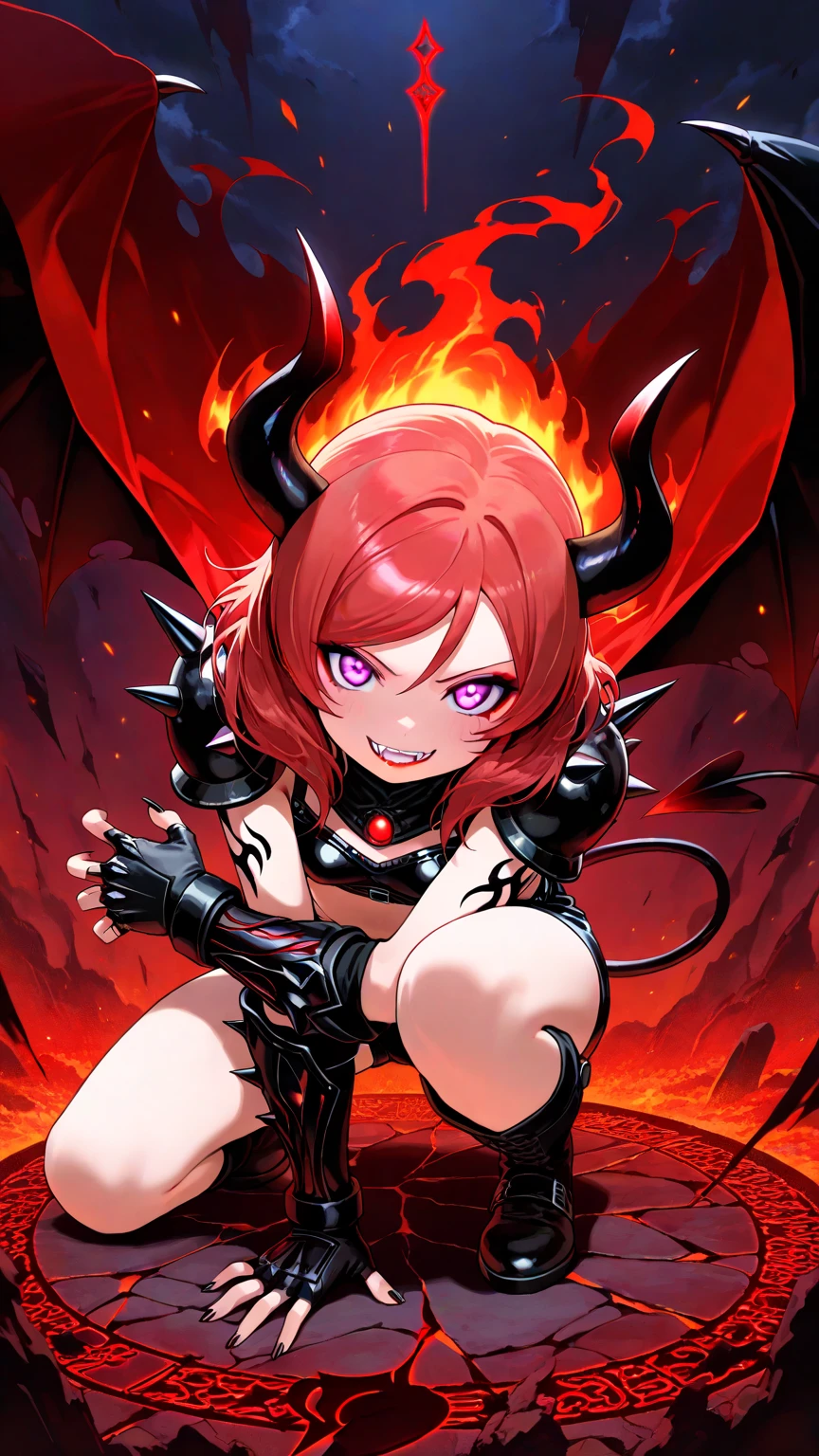 a gothic sexy succubus with long demon horns, has crimson red skin, wearing black leather bdsm gear