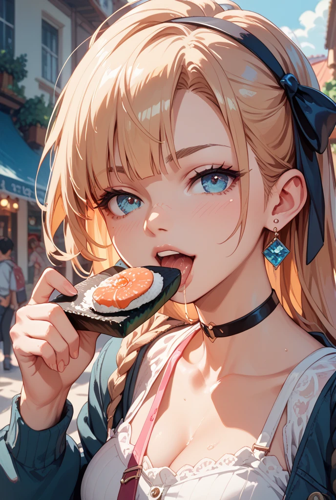 (highest quality:1.2, Very detailed, up to date, Vibrant, Ultra-high resolution, High Contrast, masterpiece:1.2, highest quality, Best aesthetics), Portraiture、girl、slim, Bright colors、Beautiful fine details、Beautiful lip detail、long hair, ((wavy hair:0.4))、messy hair, blonde and blue ((streaked hair:1.3)), highlights hair: 1.3, midium breast, (tan skin:1.3), button-up shirt、eating Sushi, enjoy Sushi at the table, cowboy shot,