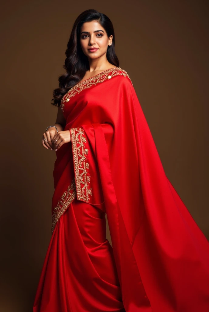 A full view of An indian lady in deep cleavage low waist saree.