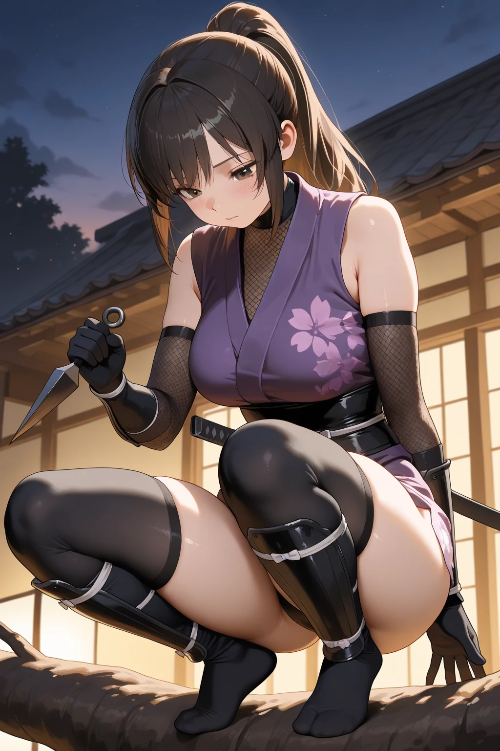 ((masterpiece,best quality anime,Highest quality:1.3)),realistic,cowboy shot,(25 year old beauty),Female ninja、1woman,solo,((very small head:1.4)),((very long body:1.3)),black hair,bangs,(long ponytail hair),gorgeous big eyes,black eyes,shy,((tan skin:1.4)),((slender body:1.3,skinny)),medium breasts,gleaming skin,shiny skin,((black loincloth:1.3,Black tube top shirt、navel、Black leather fingerless gloves,black_thighhighs)),sweat:1.3,squatting,spread legs:1.3,Outdoor、night、temple、nsfw,