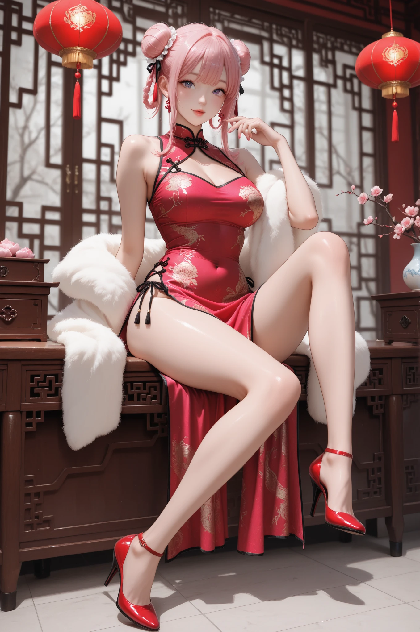 Genshin Impact Yura ，tas&#39;It&#39;s funny if you don&#39;t&#39;wearing an outfit,(tmasterpiece、top-quality、8K ),intricately details,ultra - detailed、one-girl、A slight smil、(pretty  face、long eyelasher、eyes elongated、hanging,glossy lips:1.4),((double bun hair:1.4)),((Red cheongsam、Lateral fissures:1.4)),(Fair and translucent skin:1.3)),upper legs, upper legs, upper legs,Traditional Chinese style room、ultra real photo,perfect anatomia