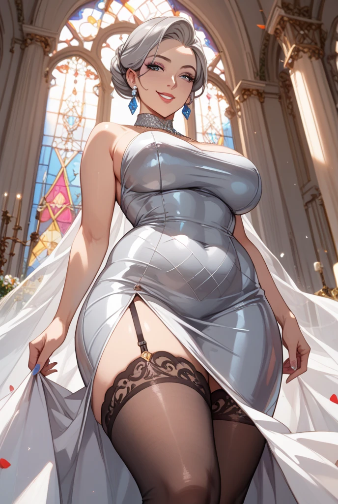 Best quality, solo mature woman, enormous breasts, giant ass, very curvy, tanned skin, ballroom hairstyle, pastel green eyes, full lips, seductive, smiling, ballroom dress, long gloves, silver jewellery, beads in hair, rose on dress, curvy physique, thick thighs, huge bloated diaper inflating bigger and bigger and bigger
