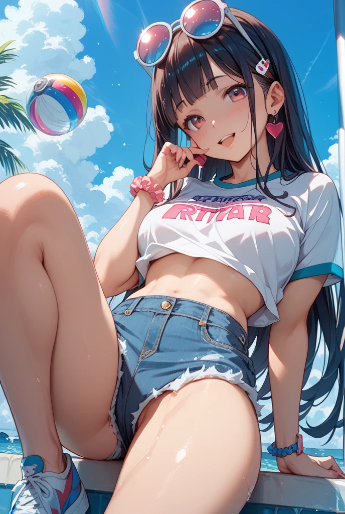 (8K、Highest quality、Highest quality、masterpiece)、Detailed face、One Girl、(Brown Skin:1.2)、Long Hair、Red Eyes、Serious、(Red Tank Top、Denim hot shorts、Open Shorts、Unziped shorts、Mini jeans Shorts、No Panties、NoPanties、Spread pussy、heart cutout)、labia view、Beach、cloud、vagina、Pussy Lip、Wedgie between Pussy Lips、Big Breasts