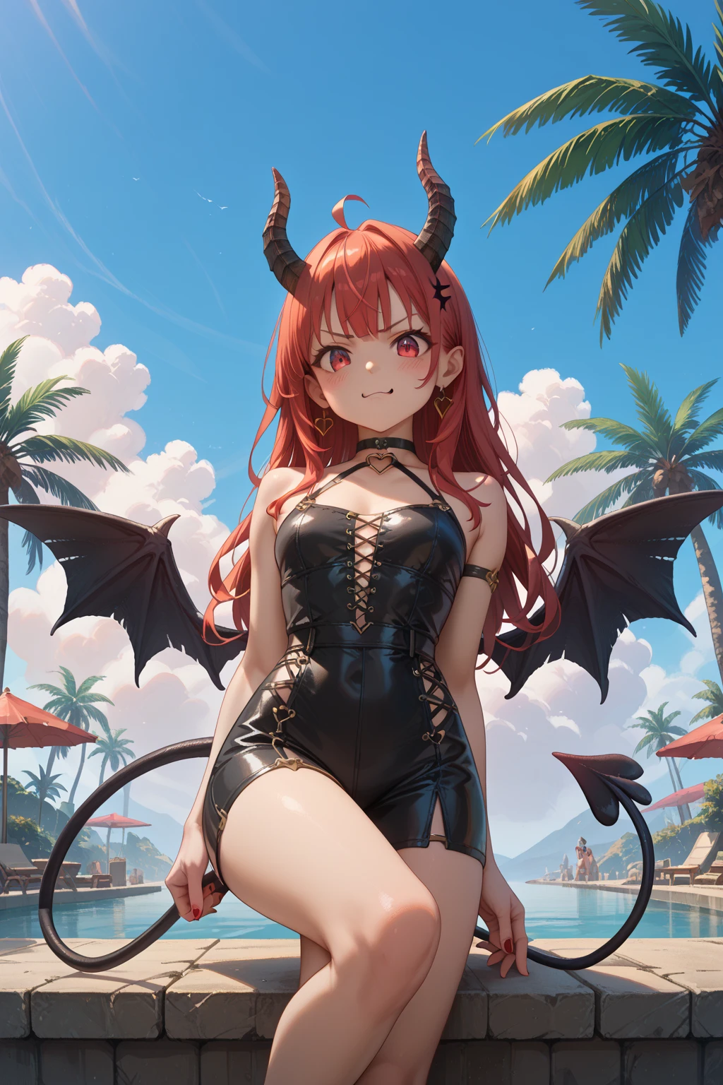 Beautiful female demon with horns and wings, detailed defined body, at a beach in a tiny bikini, sunny weather, watching guys in the background