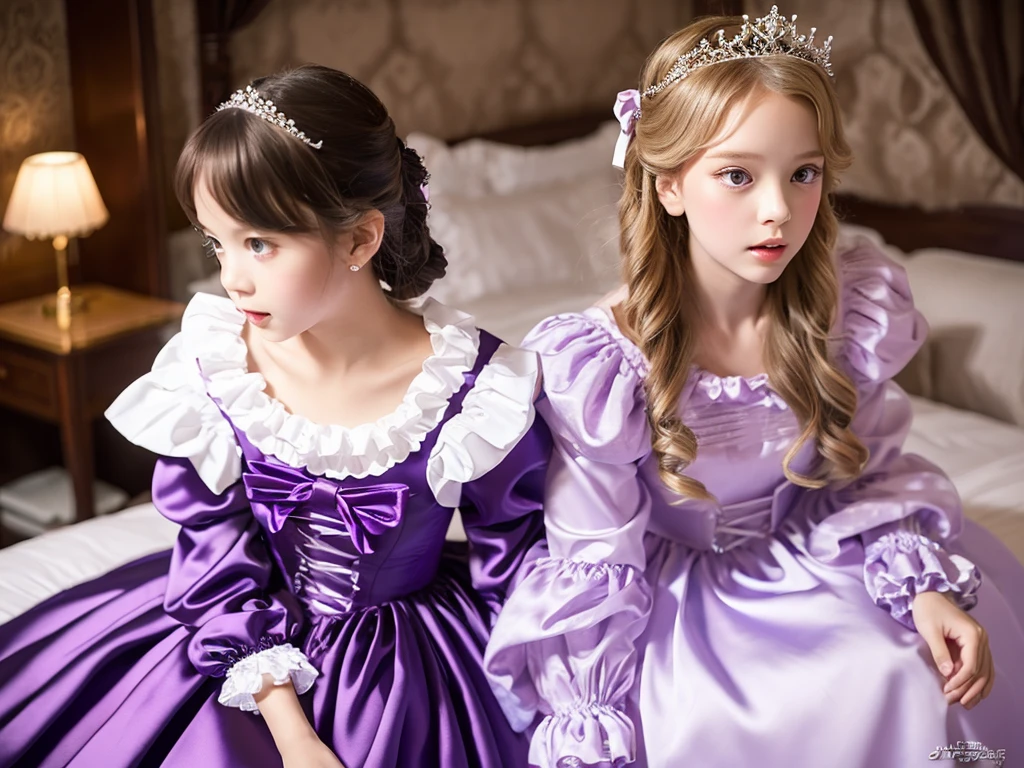 ,highest quality, masterpiece, Highest Resolution, artwork, super それにGet used to it, many Get used to it, Get used to it, それにGet used to it, 3K realistic photos,,((10 year old女の子)),Super detailed baby face,The two girls are princesses,Full-length ball gown dress with hoop skirt,Frilled yoke collar,Puff sleeves,Long sleeve,((Lolita Style Detailed Princess Satin Dress、Lots of frills and ribbons。)),colorful rococo fashion,shiny satin dress,Soft and smooth fabric,luxury,Long blonde hair,blue eyes,White skin European,pajamas,((Inside the palace)),,,(( 10 year old)),Super detailed baby face,Full-length ball gown dress with hoop skirt,Long skirt,Frilled yoke collar,Puff sleeves,腰まで伸びるLong blonde hair,blue eyes,White skin European,pajamas,((Inside the palace bedroom)),シルクサテンのluxuryなCanopy bedの上,Canopy bed,Gorgeous curtains on either side of the bed,There were a lot of frilly pillows on the bed.,Highly detailed background,Detailed bed,Romantic atmosphere,Two little princesses on the bed,((((Her legs are hidden inside the dress)))),The dress is spread out on the bed,Soft silk satin comforter in pastel colors,Pastel colored silk satin bed sheets,Soft silk satin ruffle pillow in pastel colors,Beautiful girl illustration,Beautiful detailed face Detailed hair,Detailed human eye ,Mouth details, Arm details,Beautiful Hands,Detailed pillow,