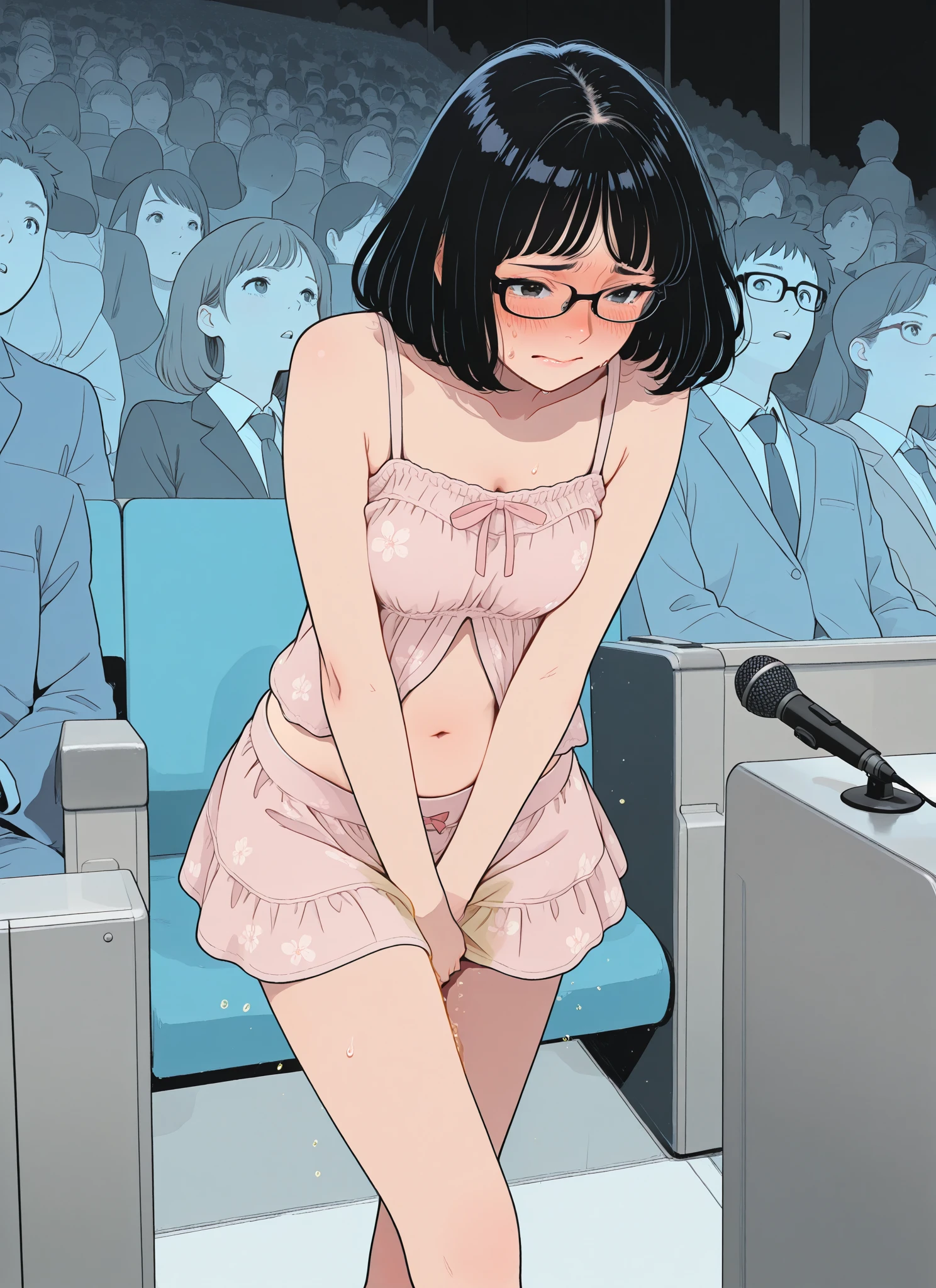 (superflat, flat shading, flat colors), masterpiece, best quality, 1girl, young teen, flat chest, bra,, white panties, singing, eyes closed,, karaoke, microphone, best shadows, watercolor