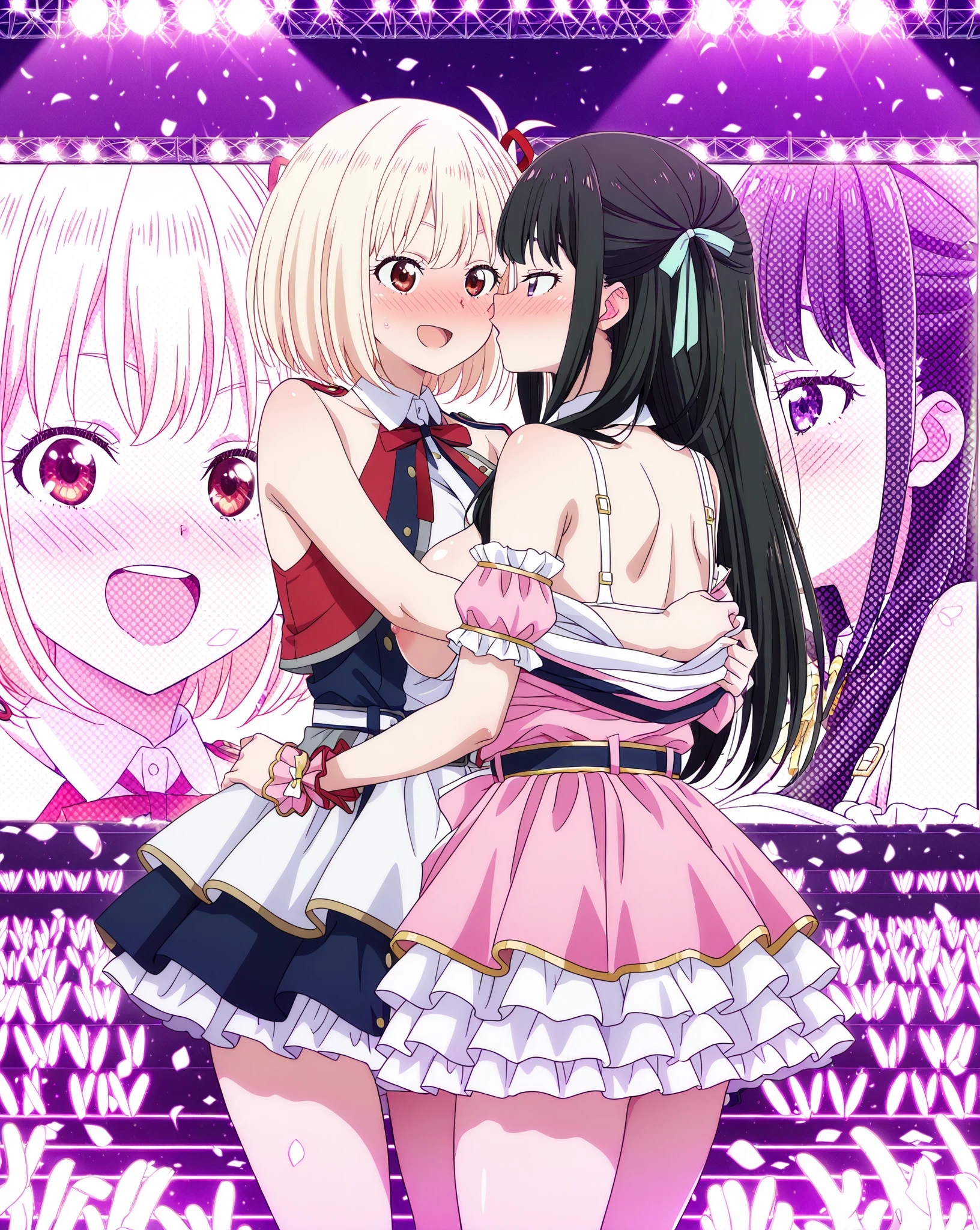 ((2 gilrs)),((girl's_love)),((yuri)),(Frill,idol live stage costume,Thigh-high socks, Skirts that are too short and expose underwear,),Shiny glossy body,Heavy breathing,saliva, sweat, Sweaty and wet all over,gigantic breast,nipple,nsfw,((cowboy shot)),(trembling),((love juice is gushing out from crotch)),,blond hair,white hair,Sporty hair,deep kiss, french kiss,