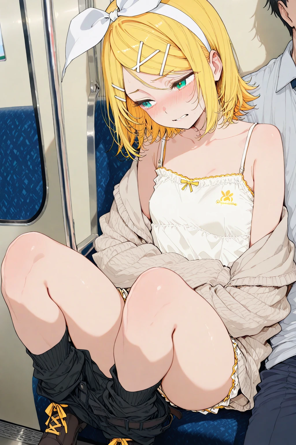 pov, short hair woman, jeans, bare shoulders, sitting, inside a train, sideview, blushing, dick flash, penis, foreskin, crossed legs, looking at viewer