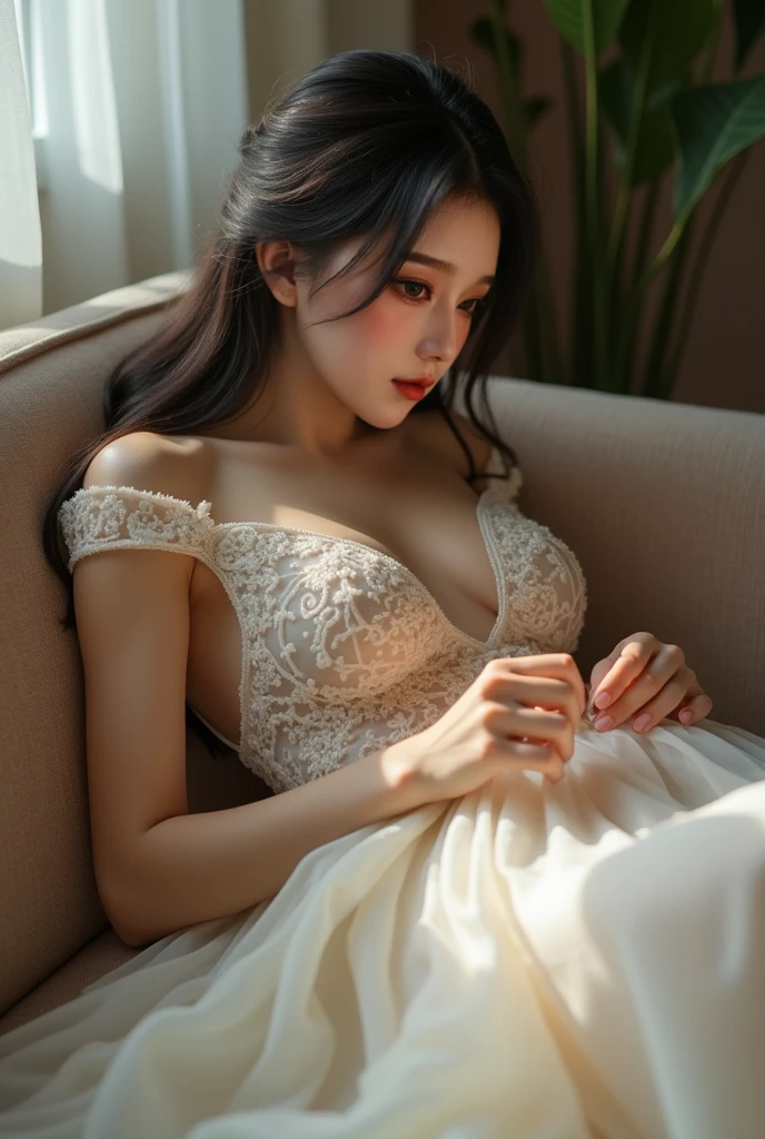 2girl, solo, long_hair, breasts, large_breasts, black_hair, dress, long_sleeves, cleavage, medium_breasts, bare_shoulders, sitting, jewelry, closed_mouth, collarbone, closed_eyes, earrings, white_dress, lips, makeup, chair, lipstick, own_hands_together, lace, veil, facing_viewer, wedding_dress, realistic, nose, red_lips, bridal_veil, bride, real_life, on_chair, armchair, hands_on_lap, toilet