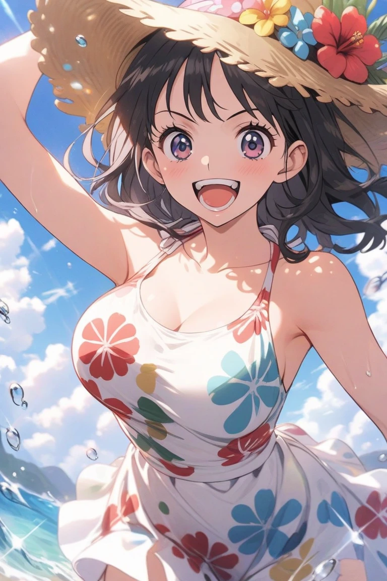 photoRealstic、Stand in front of the photo、laugh face、Water droplets on the cheeks、kawaii pose、spreading arms widely、Flowing Red Silk、bustup、Hibiscus petals、Blurring、brown haired、blue-sky、depth of fields、season!!: 夏☀ 🍂 ハイビスカス