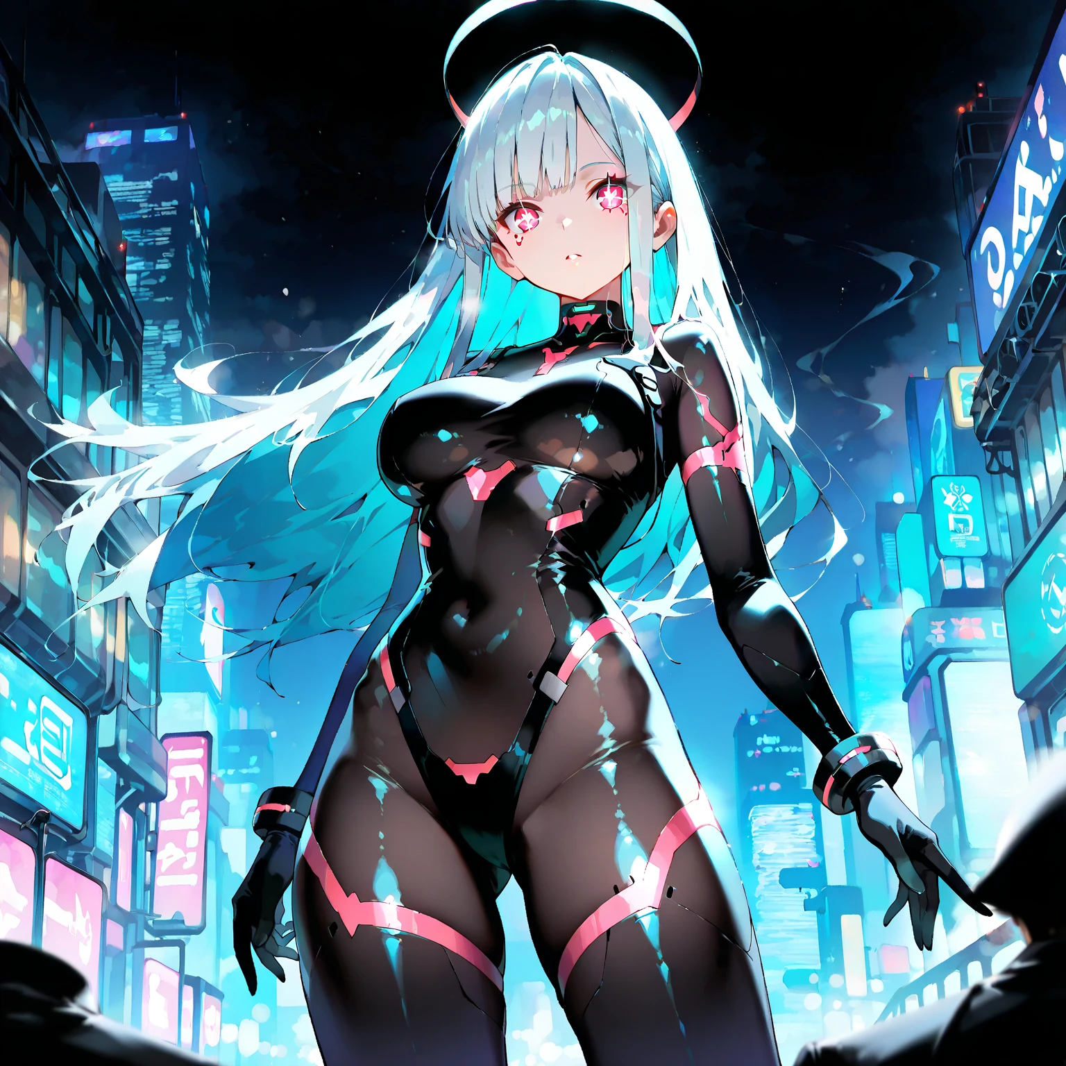 (masterpiece), best quality, expressive eyes, perfect face, dark siloet, city, 1girl, bunnysuit, glowing colours, holding a siloet sign in hands saying (28k likes)