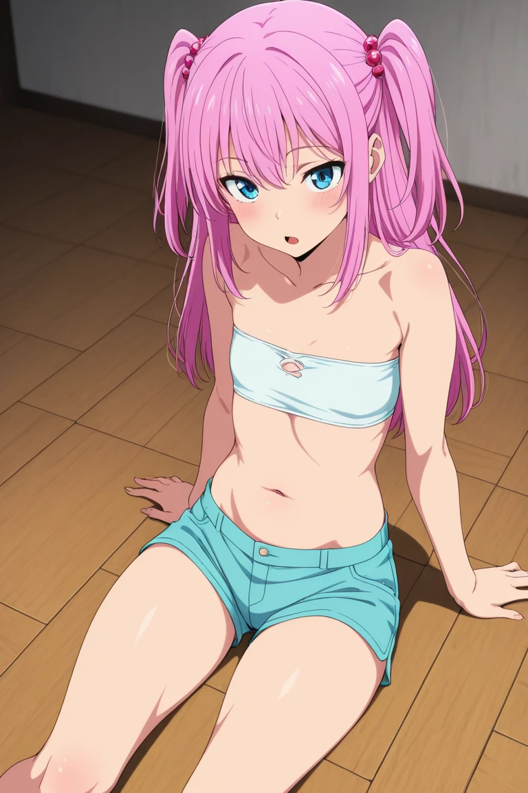 masterpiece, high quality, 8k, beautiful lighting,sunny day, 1 girl, alone, Shikimori-san, ,((Shirt with open front)), looking at the viewer, (white lace panties), ((Detailed shirt)),(slim thighs),((Closed legedium breasts,((clavicle)),lie down on the classroom floor,