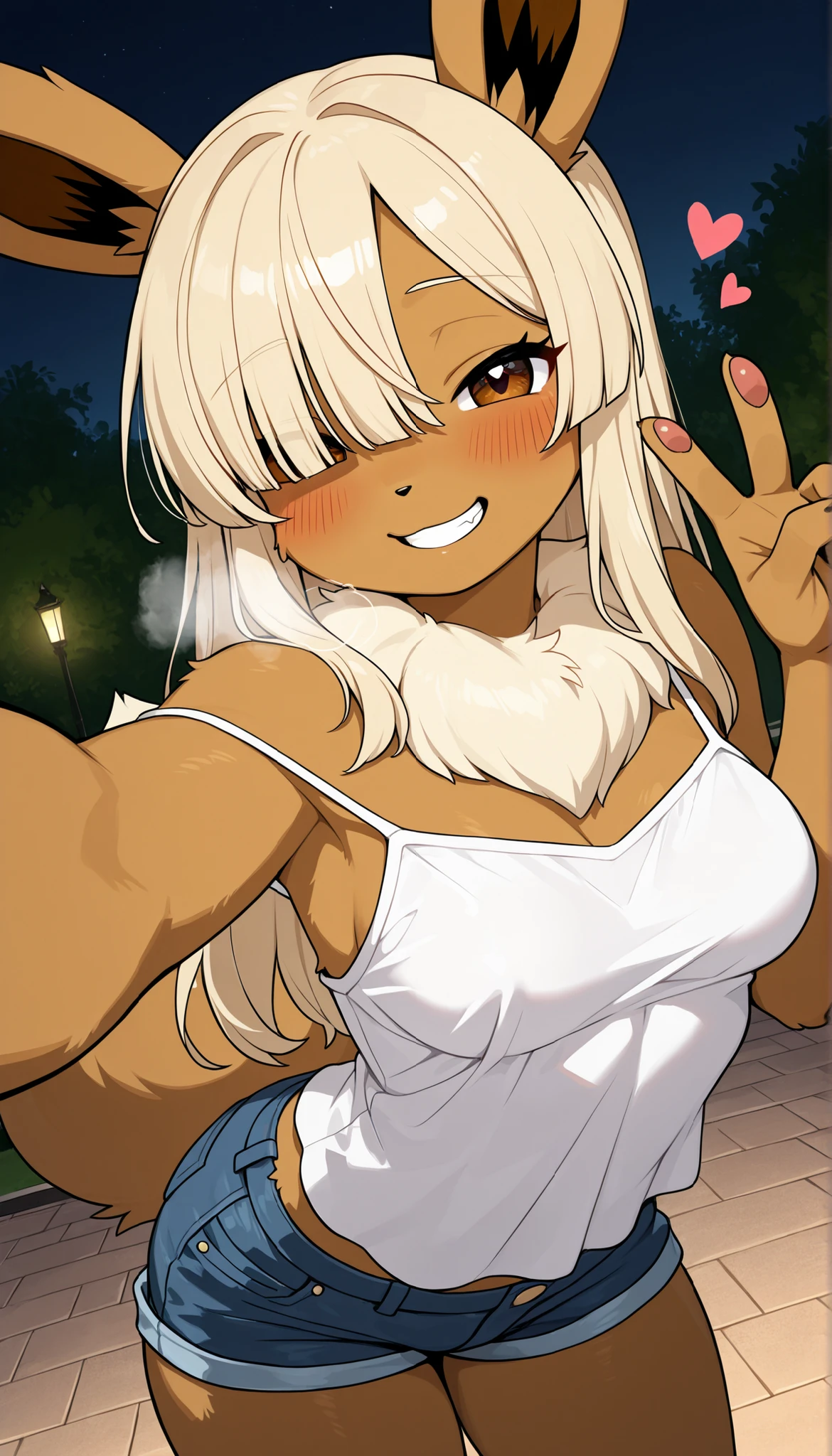 One Girl, Gray Hair, Low twin tails, There is only one mole below the eye, There is only one mole, Small breasts, Cheeky face, looking at the camera, ass pov, Brown Skin, White off-shoulder, Belly button, Sweating, Face is close, Sticking out tongue, Denim shorts, Black knee-high socks, slender, Brat, Alley, Dark eyeliner