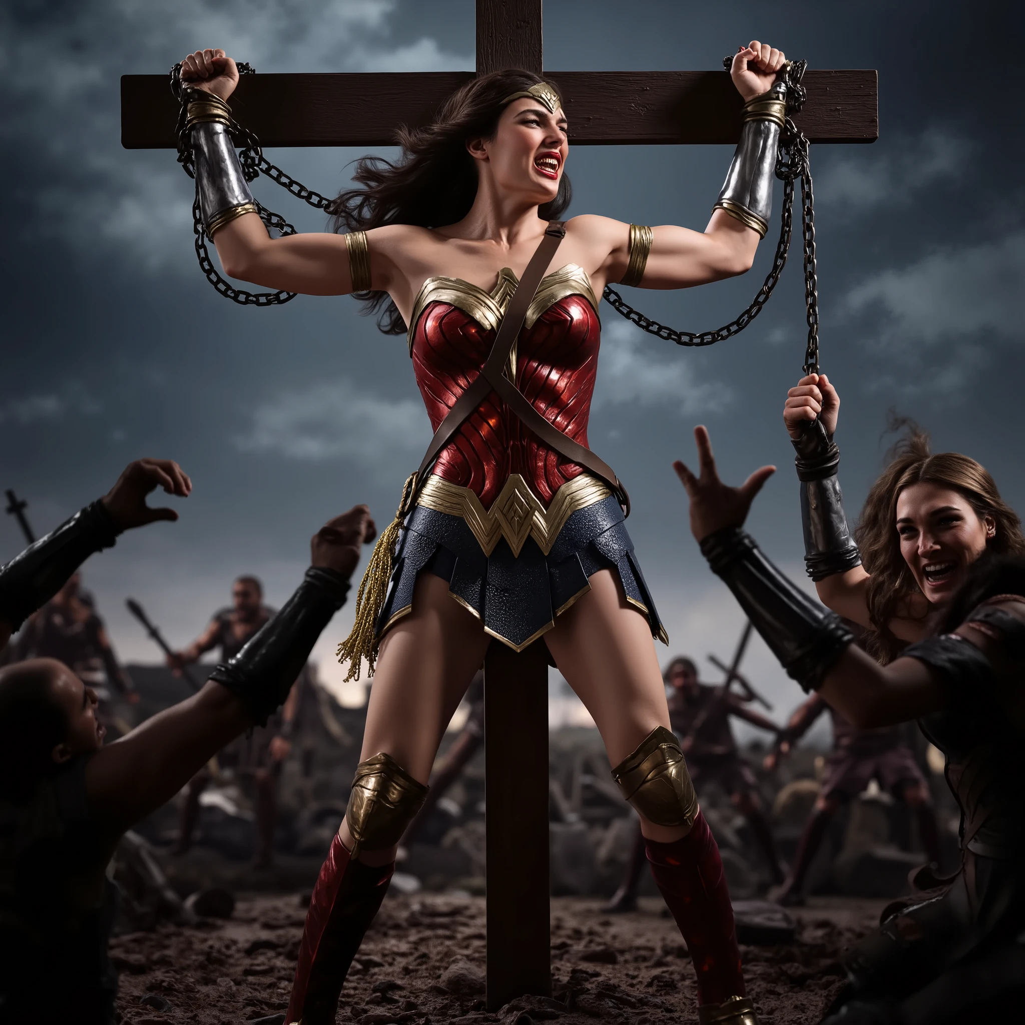 highest quality, masterpiece, ((crucifixion:1.5)), (execution), supergirl bodysuit, horrified, bleeding, ((Woman in crucifixion at the cross：1.5)), crucifixion, blue suit, Superman logo on chest, red skirt，((Torn costume)), ((Tearing of clothes)), (tattered clot(many bruises on body)), scars on body, wounds on body, injured face and body, a devastated world, ruins, abandoned building, (burning at the stake), ((roasted over fire：1.2))