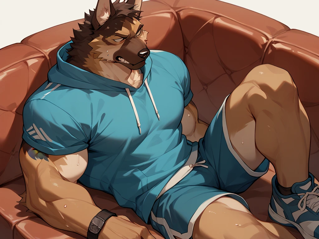 highest quality,Pubrise, furry german shepherd dog, brown fur, two tone color, purple eyes, muscular body, thick arms,perfect eyes, good looking, good looking, casual set, grin, seductive pose,Performance, living room background,boxer shorts,topless,big cock